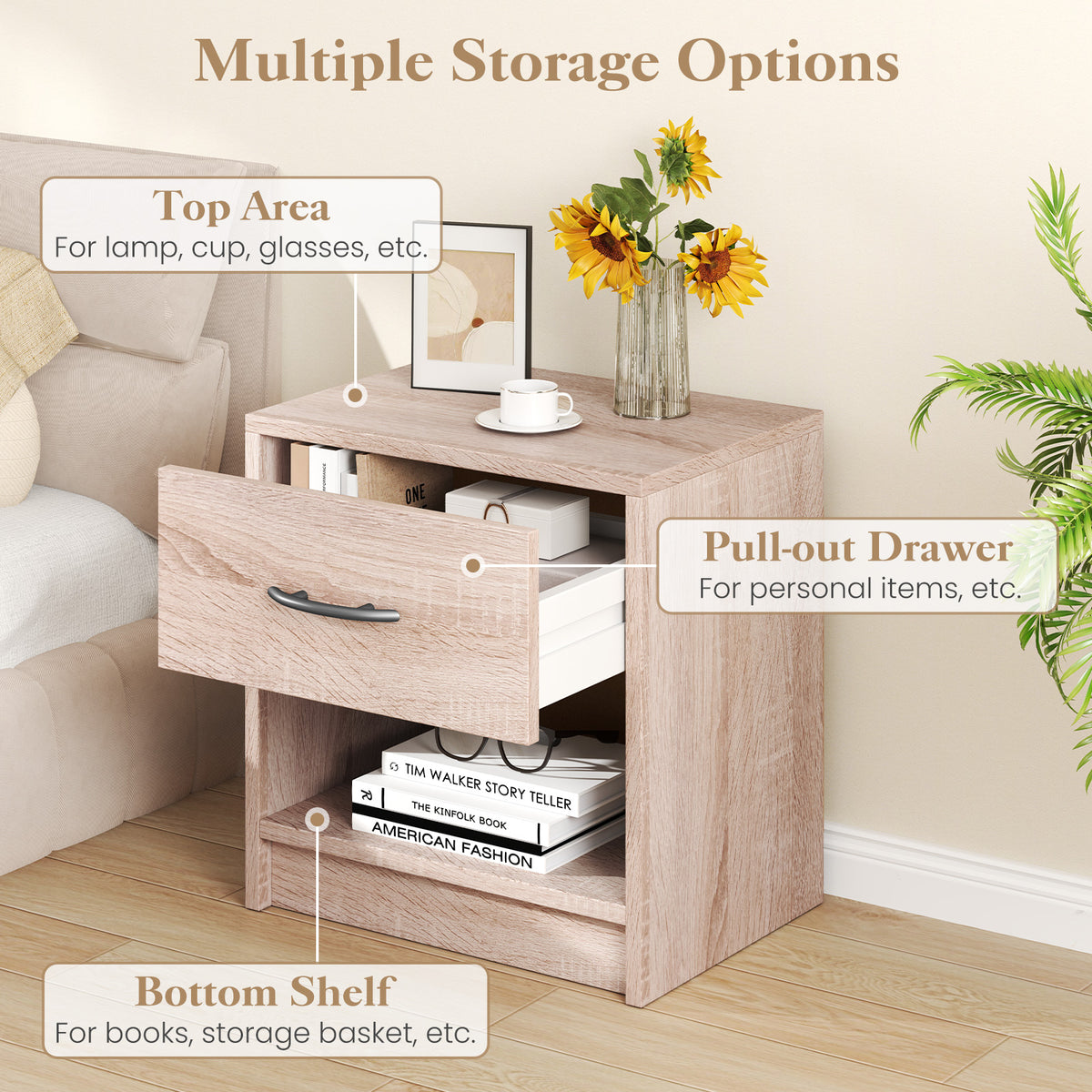 Bedside Table Nightstand with Drawer and Open Storage Shelf-Natural-Nightstands-DECOROLALA