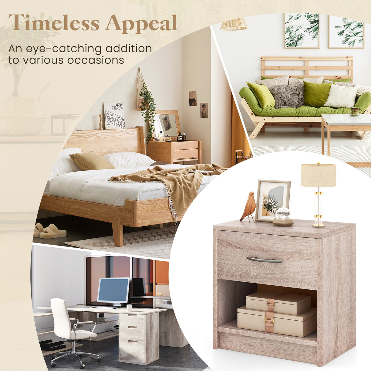 Bedside Table Nightstand with Drawer and Open Storage Shelf-Natural-Nightstands-DECOROLALA
