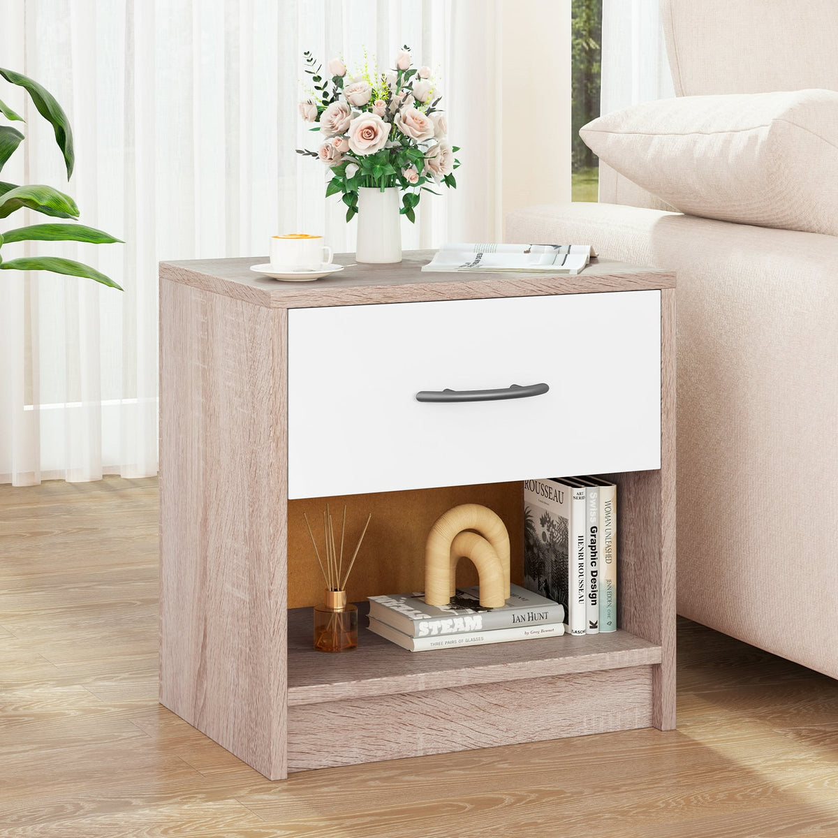 Bedside Table Nightstand with Drawer and Open Storage Shelf-Natural & White-Nightstands-DECOROLALA