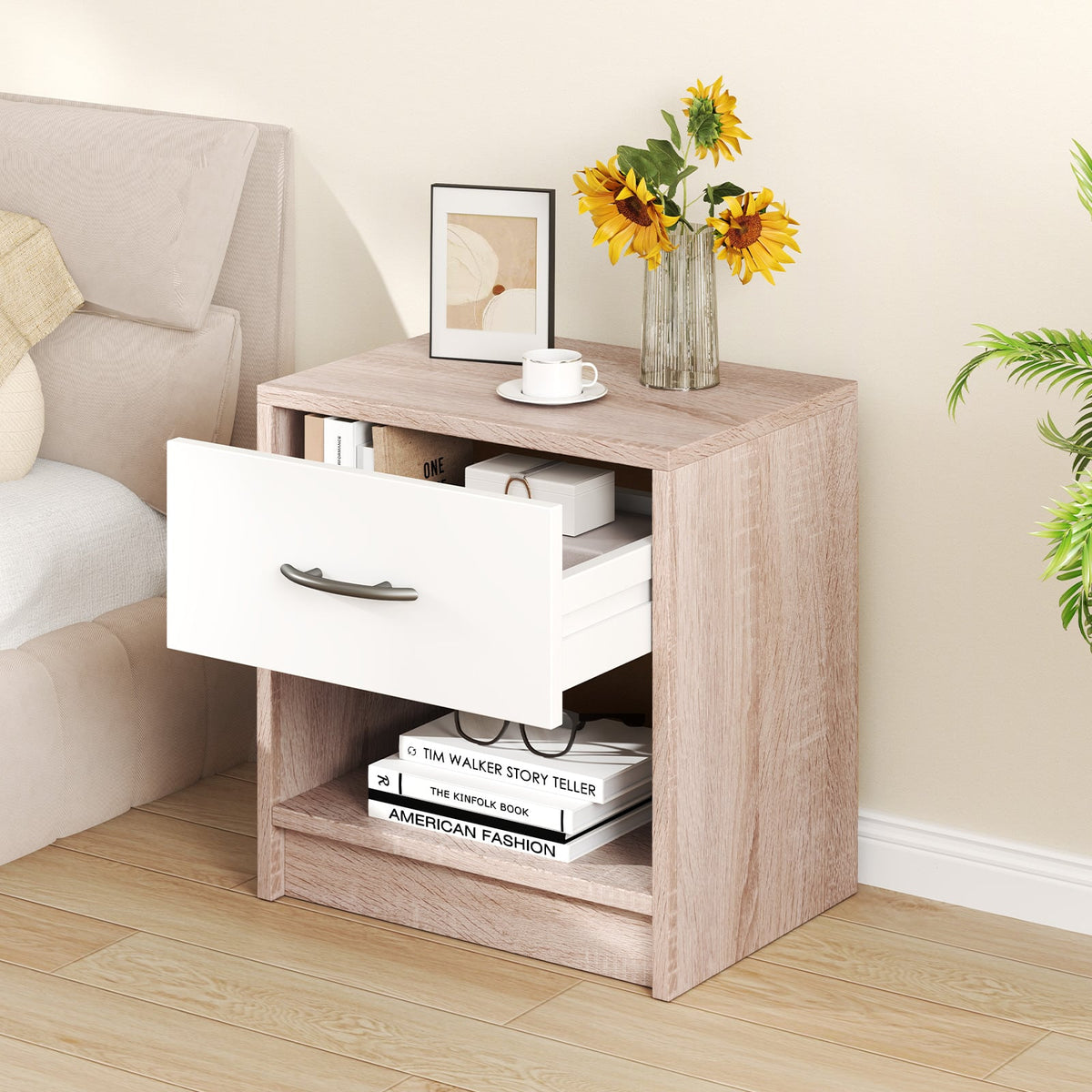 Bedside Table Nightstand with Drawer and Open Storage Shelf-Natural & White-Nightstands-DECOROLALA