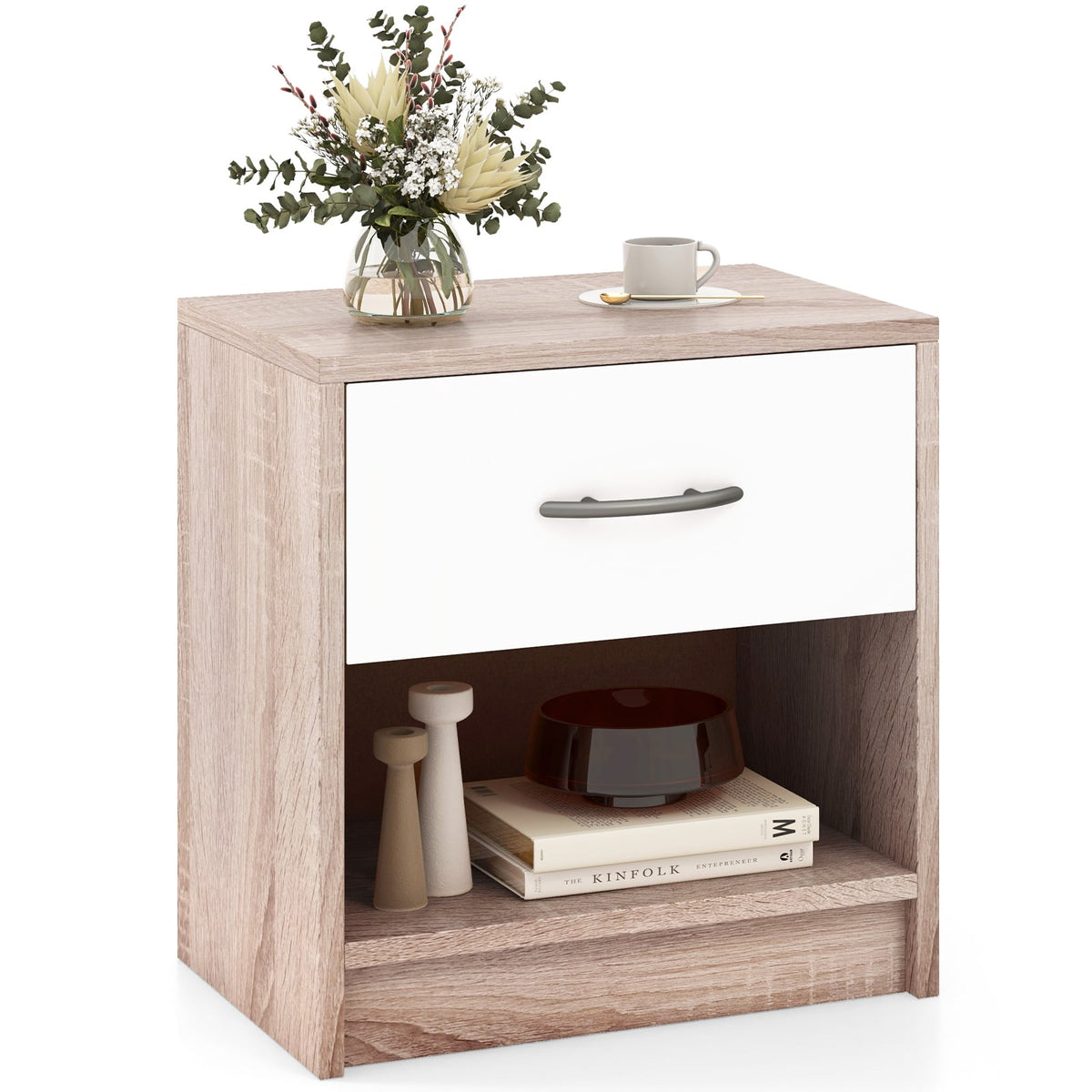 Bedside Table Nightstand with Drawer and Open Storage Shelf-Natural & White-Nightstands-DECOROLALA