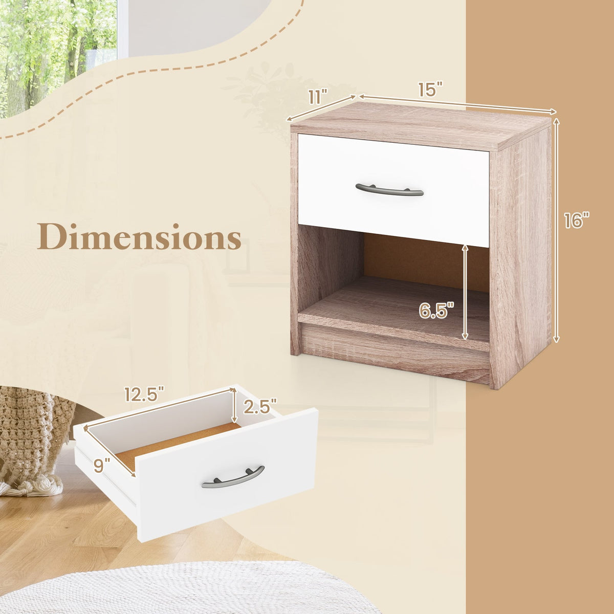 Bedside Table Nightstand with Drawer and Open Storage Shelf-Natural & White-Nightstands-DECOROLALA