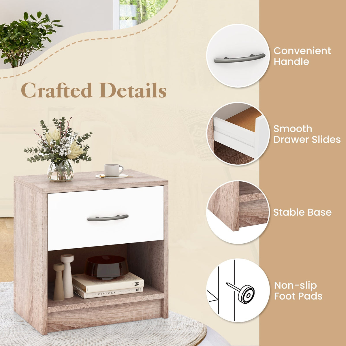 Bedside Table Nightstand with Drawer and Open Storage Shelf-Natural & White-Nightstands-DECOROLALA