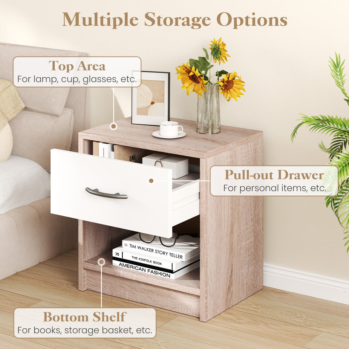 Bedside Table Nightstand with Drawer and Open Storage Shelf-Natural & White-Nightstands-DECOROLALA