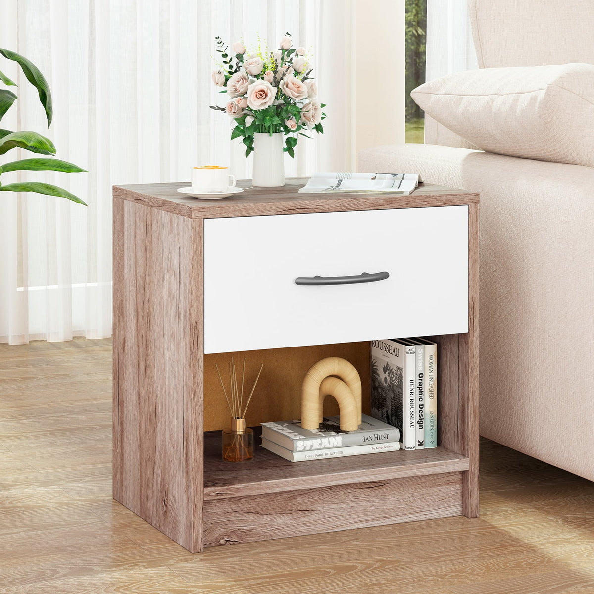Bedside Table Nightstand with Drawer and Open Storage Shelf-Oak-Nightstands-DECOROLALA