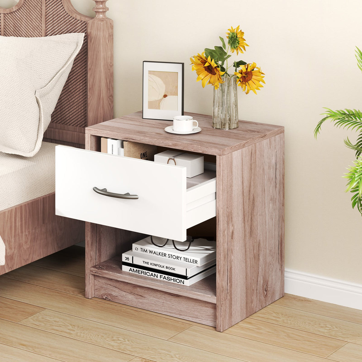 Bedside Table Nightstand with Drawer and Open Storage Shelf-Oak-Nightstands-DECOROLALA