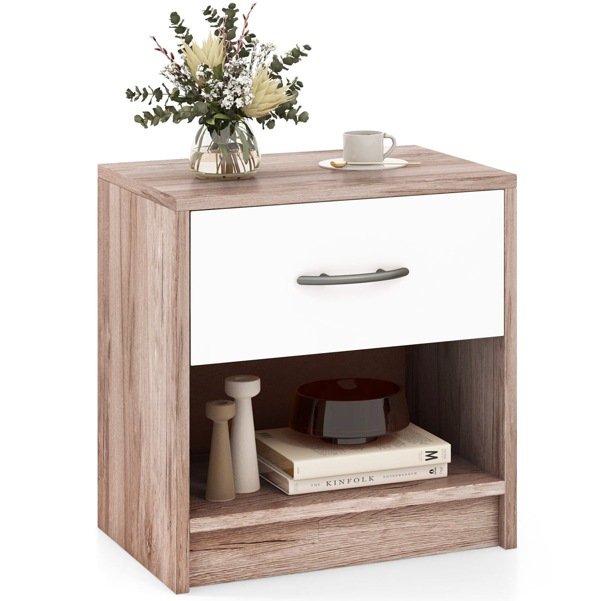 Bedside Table Nightstand with Drawer and Open Storage Shelf-Oak-Nightstands-DECOROLALA