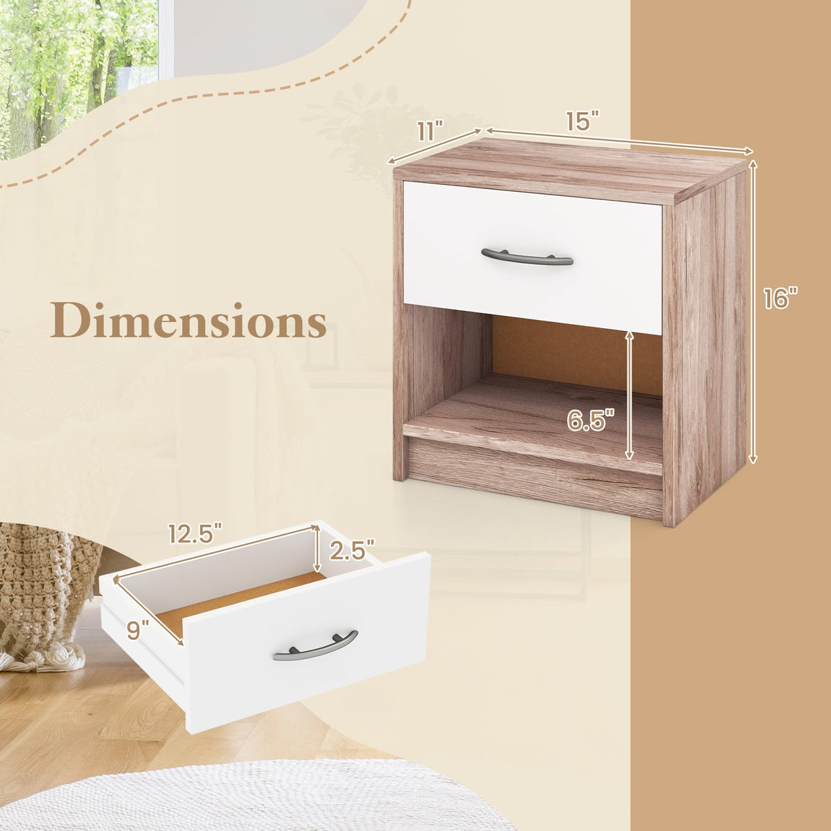 Bedside Table Nightstand with Drawer and Open Storage Shelf-Oak-Nightstands-DECOROLALA