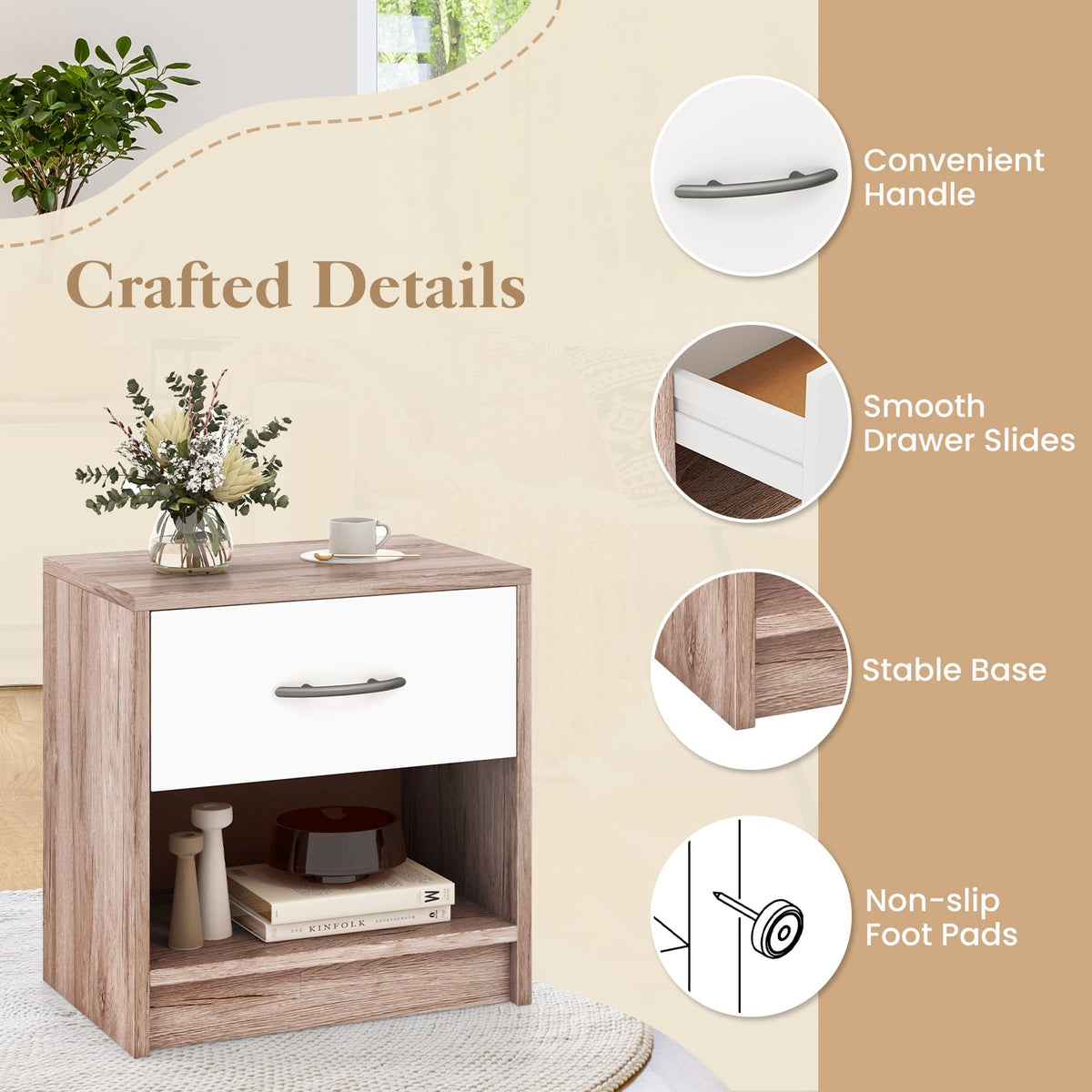 Bedside Table Nightstand with Drawer and Open Storage Shelf-Oak-Nightstands-DECOROLALA