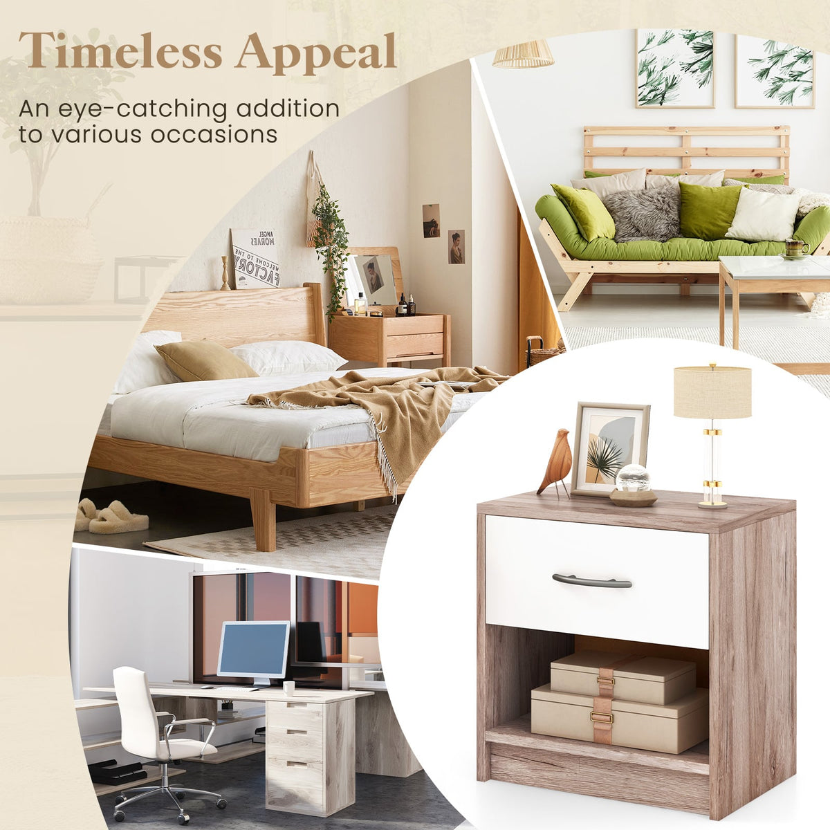 Bedside Table Nightstand with Drawer and Open Storage Shelf-Oak-Nightstands-DECOROLALA