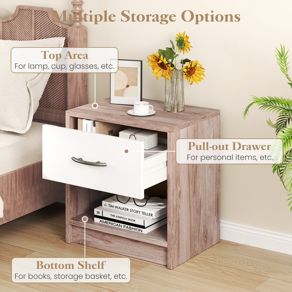 Bedside Table Nightstand with Drawer and Open Storage Shelf-Oak-Nightstands-DECOROLALA