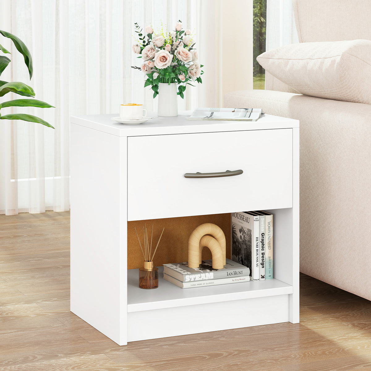Bedside Table Nightstand with Drawer and Open Storage Shelf-White-Nightstands-DECOROLALA