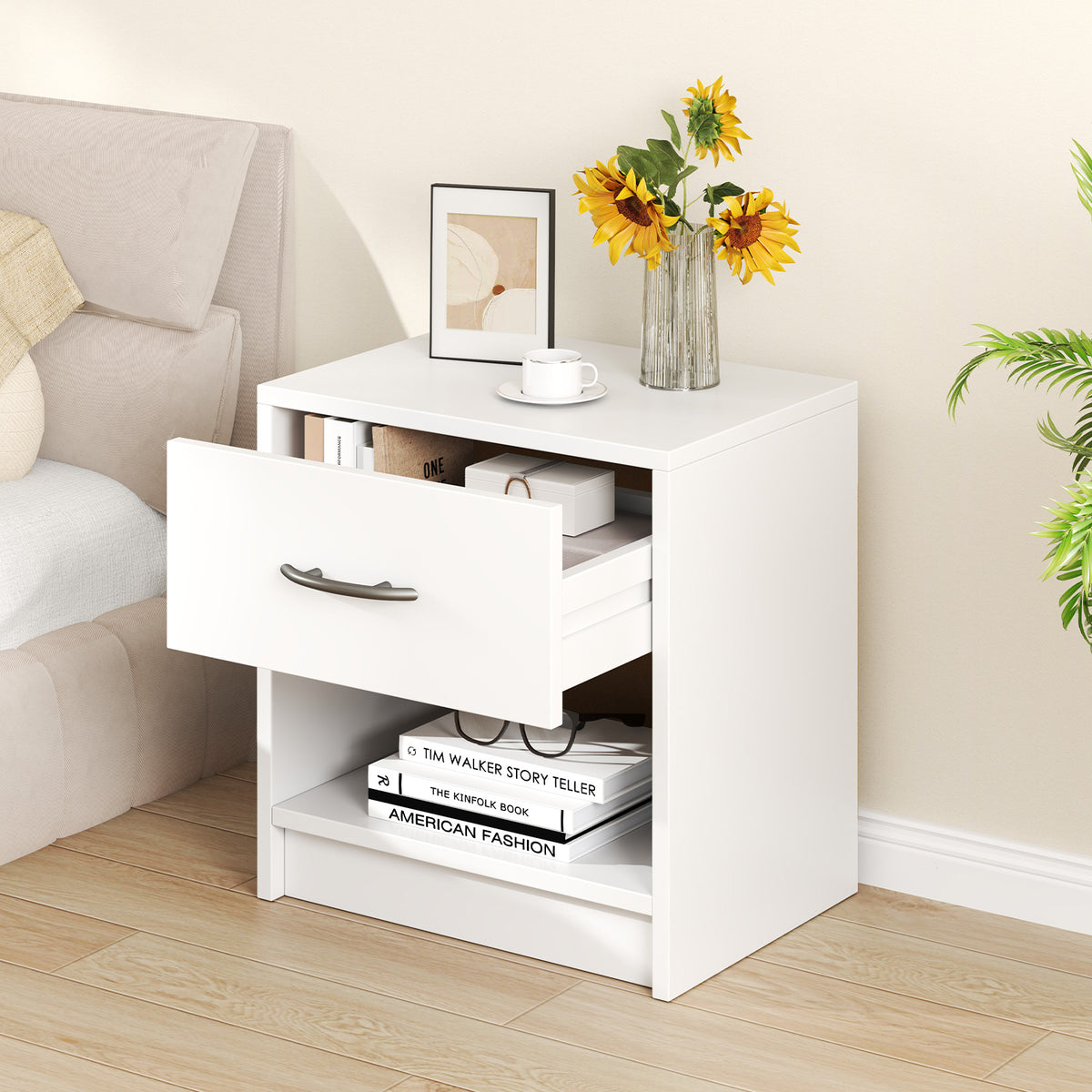 Bedside Table Nightstand with Drawer and Open Storage Shelf-White-Nightstands-DECOROLALA