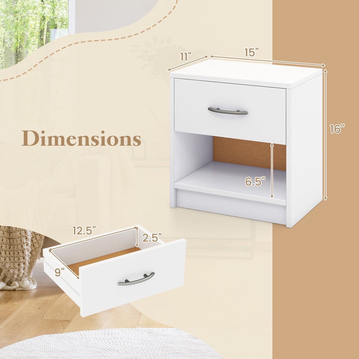 Bedside Table Nightstand with Drawer and Open Storage Shelf-White-Nightstands-DECOROLALA
