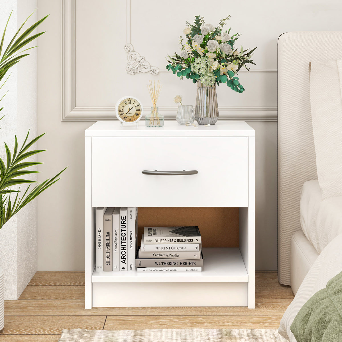 Bedside Table Nightstand with Drawer and Open Storage Shelf-White-Nightstands-DECOROLALA