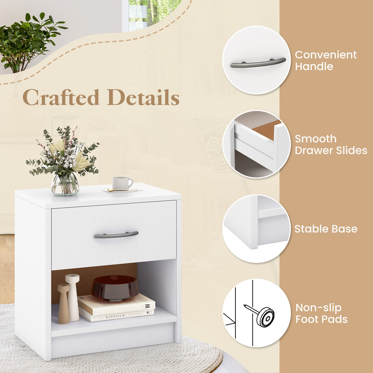 Bedside Table Nightstand with Drawer and Open Storage Shelf-White-Nightstands-DECOROLALA