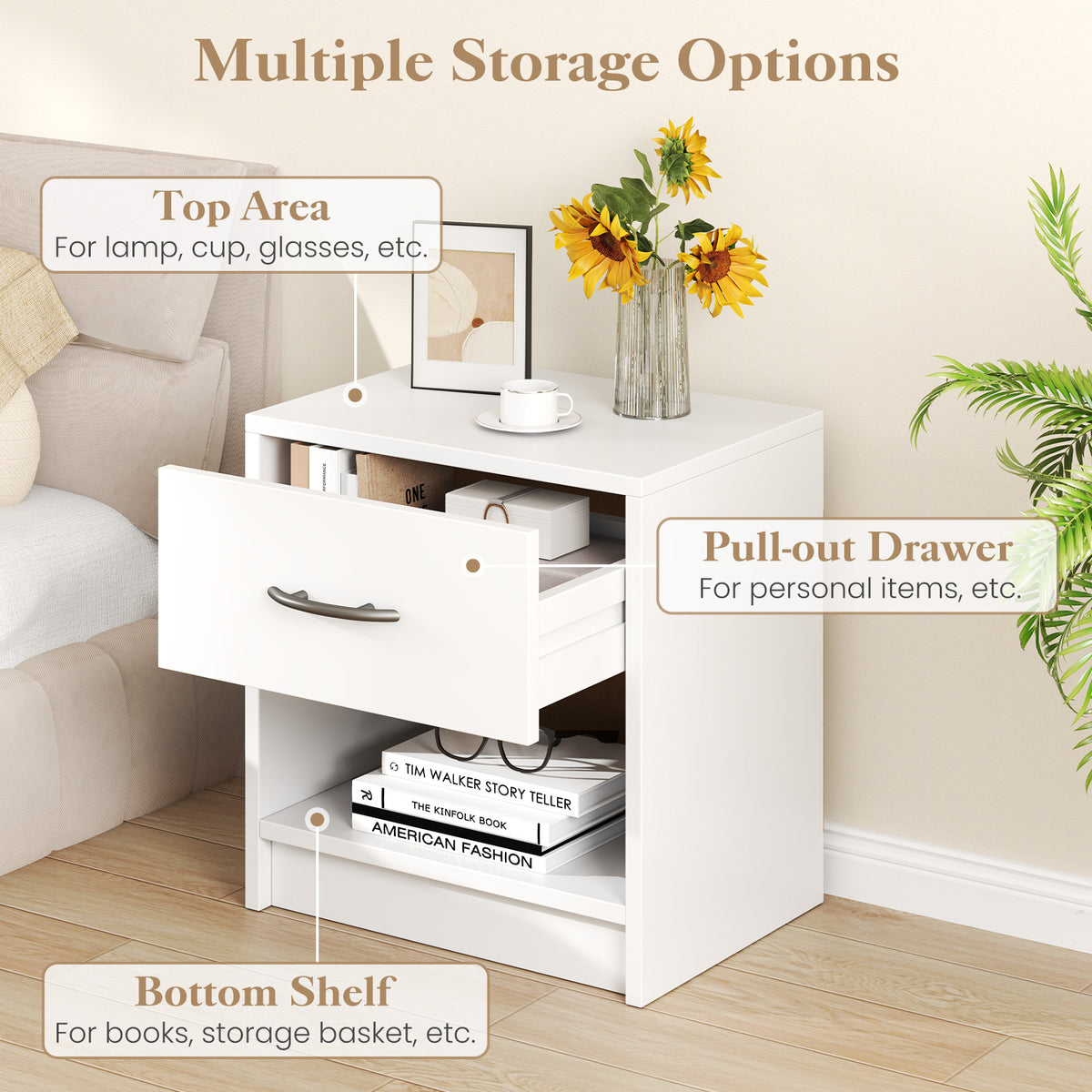 Bedside Table Nightstand with Drawer and Open Storage Shelf-White-Nightstands-DECOROLALA