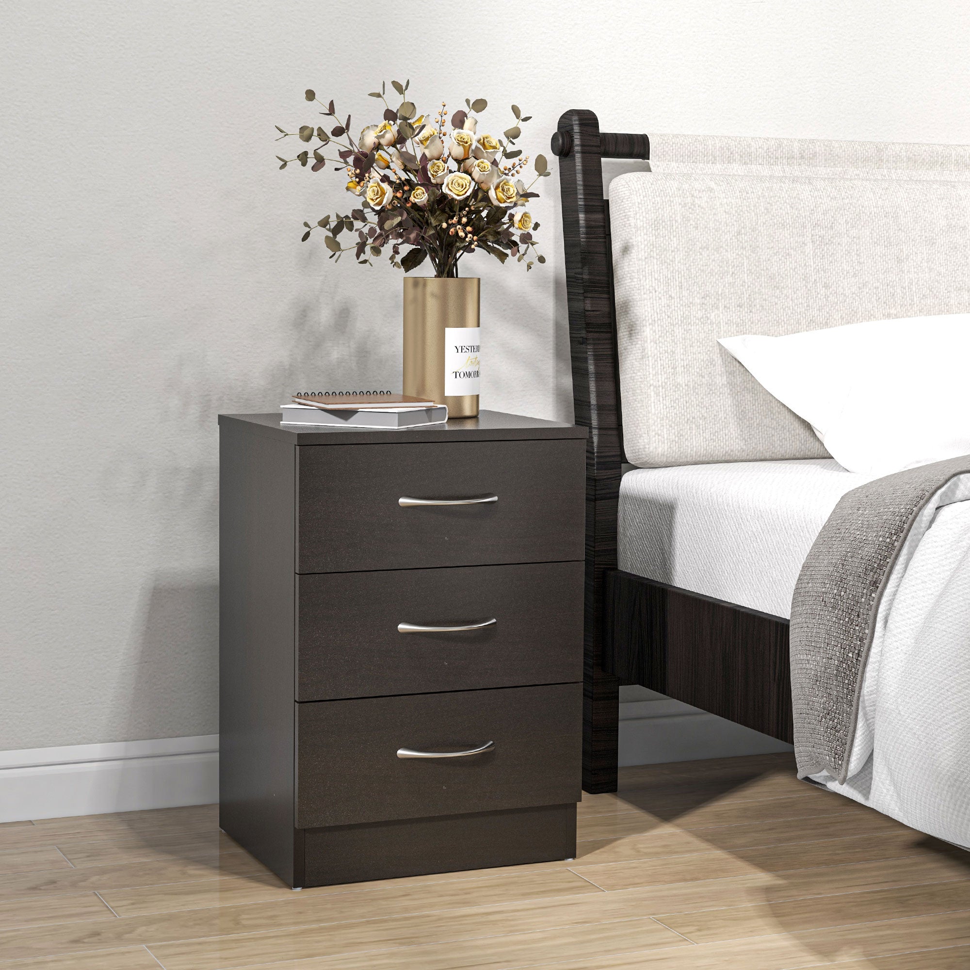 Bedside Table Set of 2 - 3 Drawers Dark Brown Wood-DECOROLALA