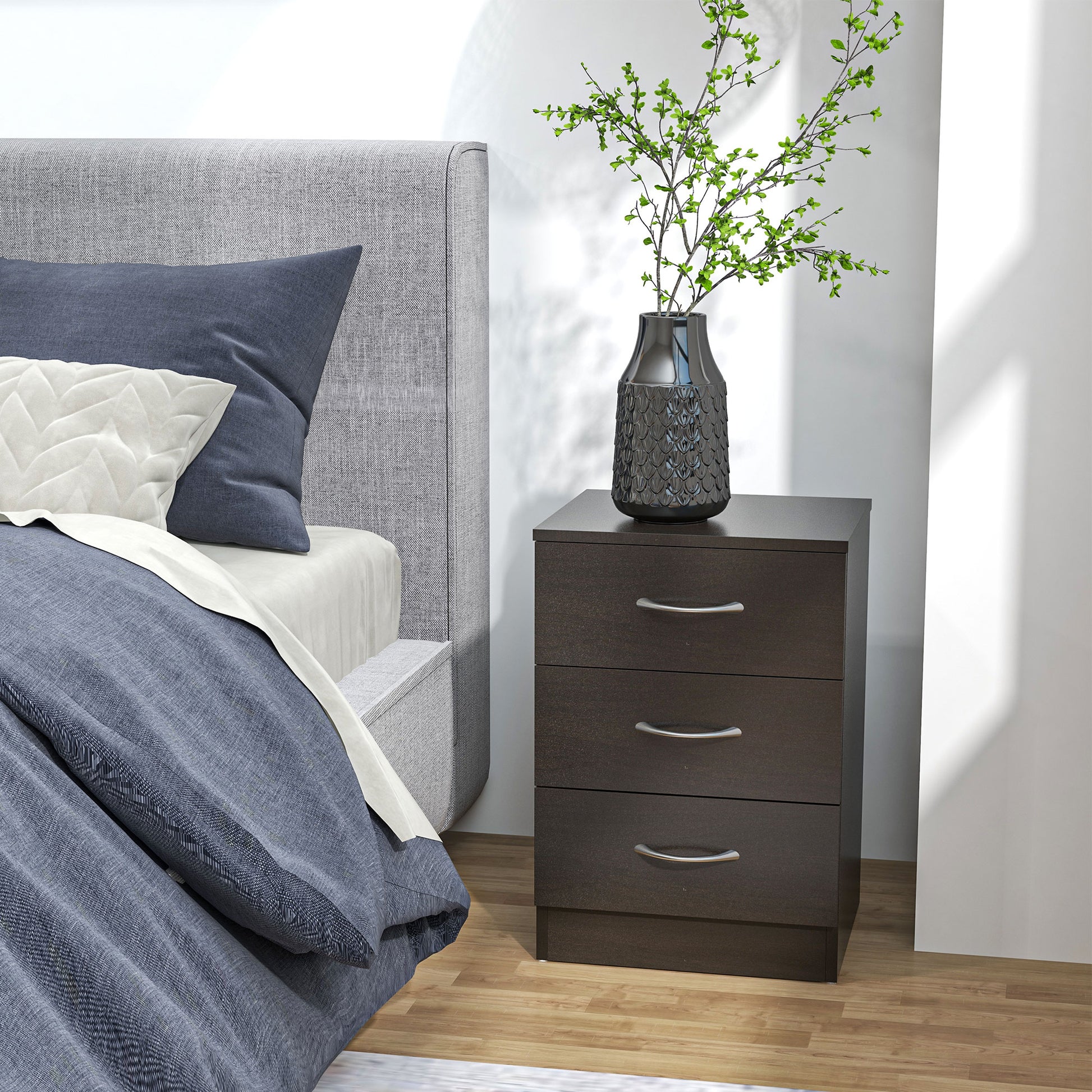Bedside Table Set of 2 - 3 Drawers Dark Brown Wood-DECOROLALA