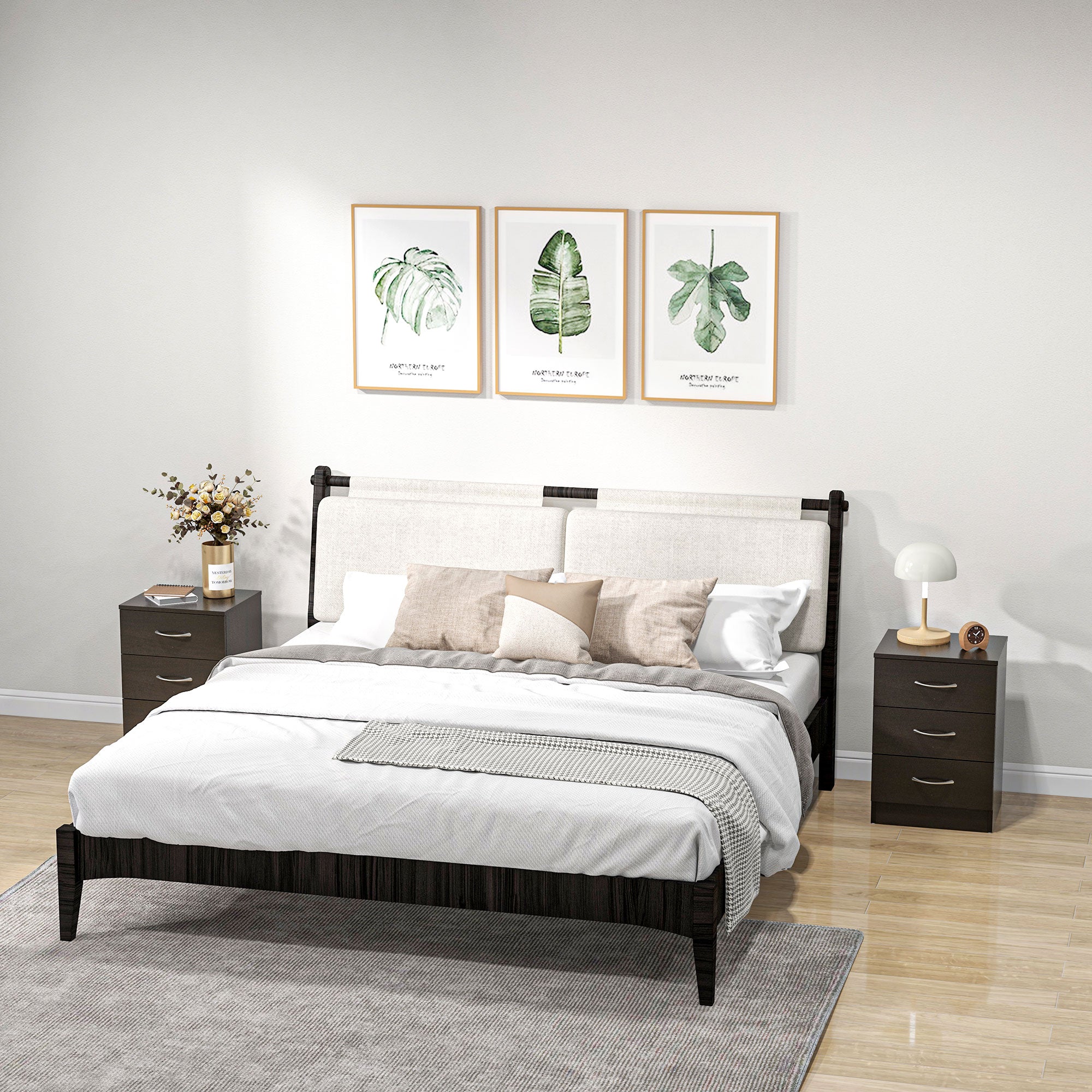 Bedside Table Set of 2 - 3 Drawers Dark Brown Wood-DECOROLALA