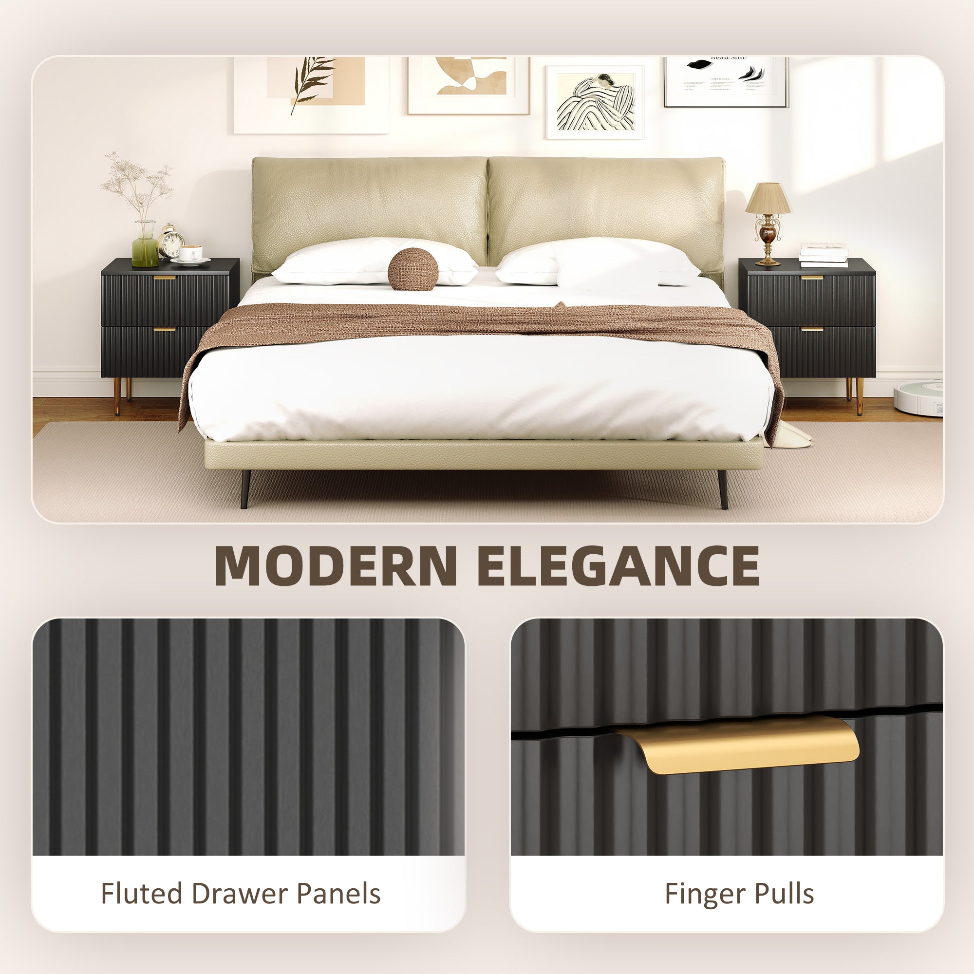 Bedside Table Set of 2 - Black Modern Nightstands with 2 Drawers-DECOROLALA