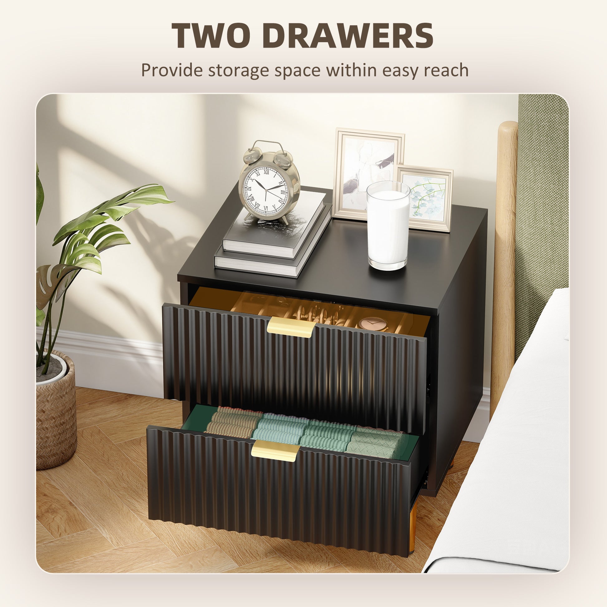 Bedside Table Set of 2 - Black Modern Nightstands with 2 Drawers-DECOROLALA