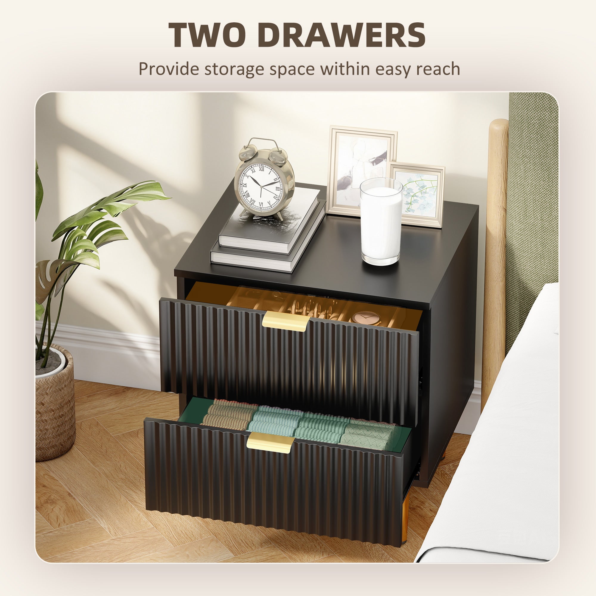 Bedside Table Set of 2 - Black Modern Nightstands with 2 Drawers-DECOROLALA