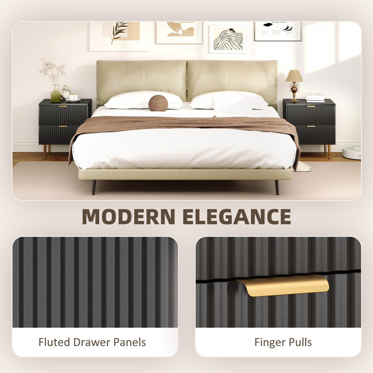 Bedside Table Set of 2 - Black Modern Nightstands with 2 Drawers-DECOROLALA