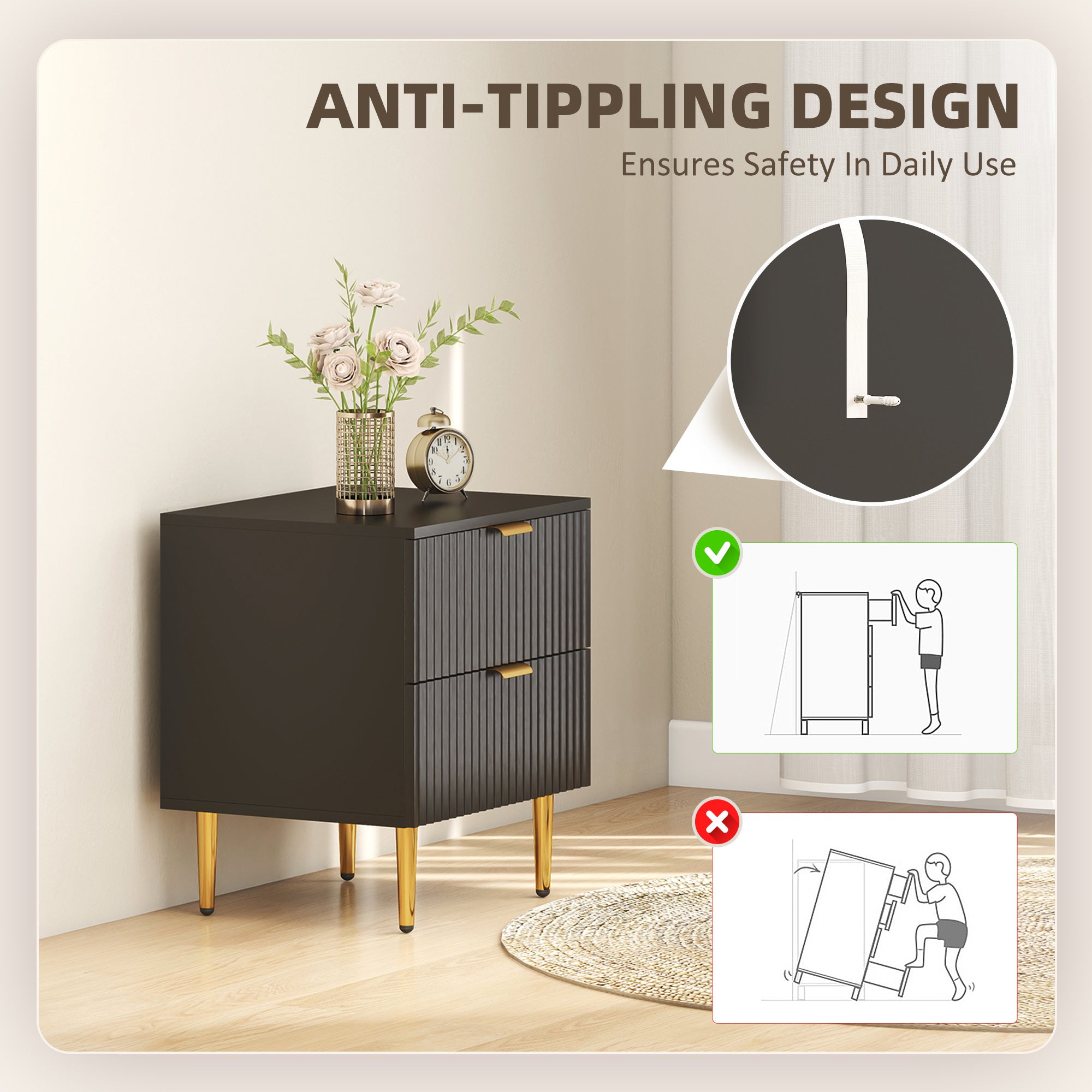 Bedside Table Set of 2 - Black Modern Nightstands with 2 Drawers-DECOROLALA