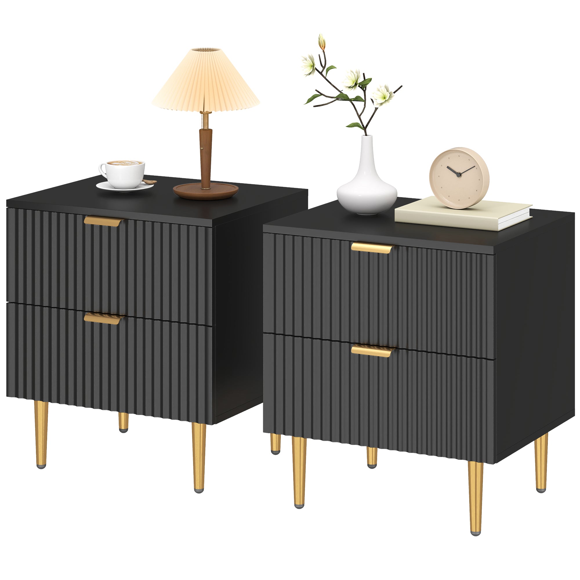 Bedside Table Set of 2 - Black Modern Nightstands with 2 Drawers-DECOROLALA