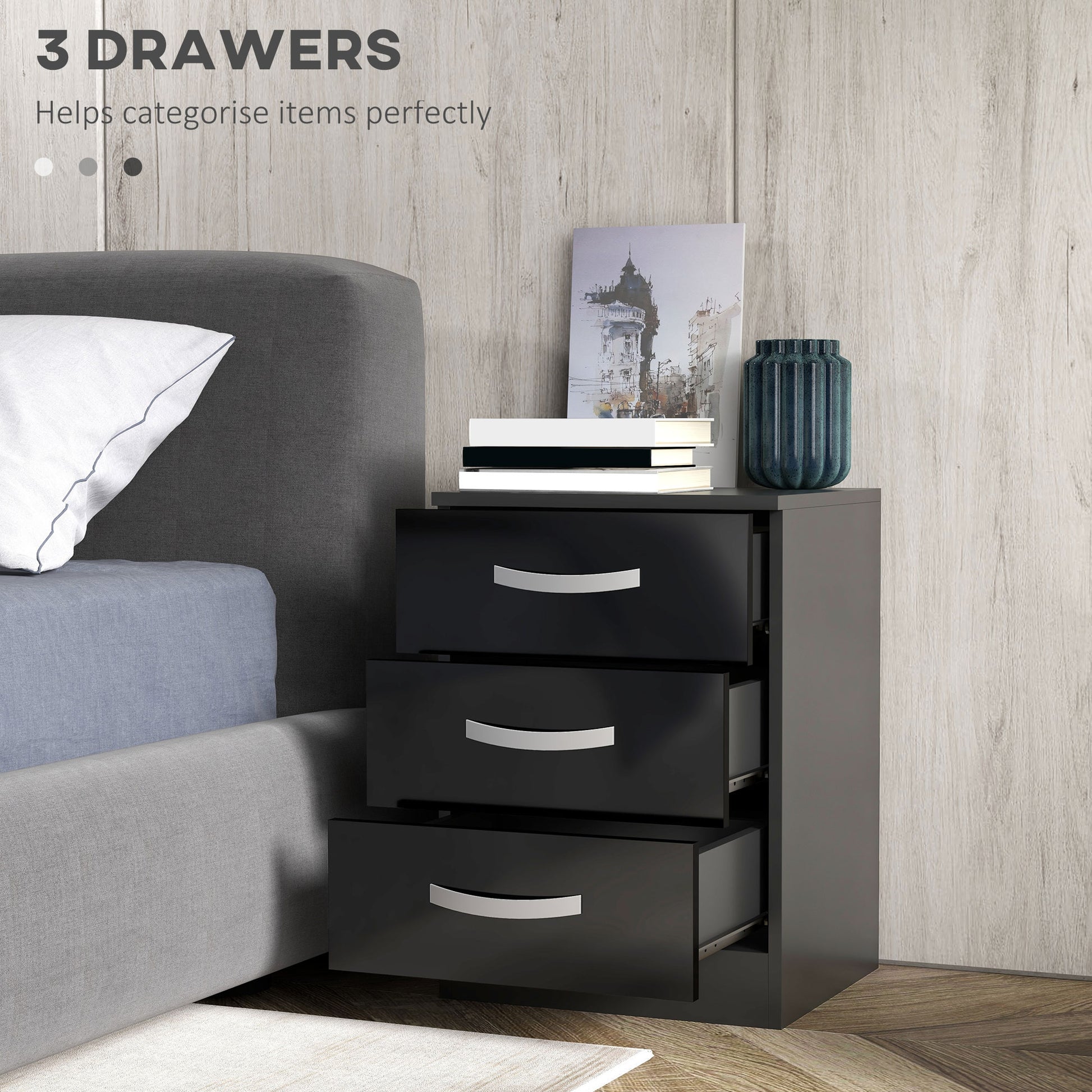 Bedside Table Set of 2, Modern Nightstand with Drawers and High Gloss Fronts, Night Table for Bedroom, Black-Home Furnishings > Bedroom Furniture > Bedside Tables-DECOROLALA