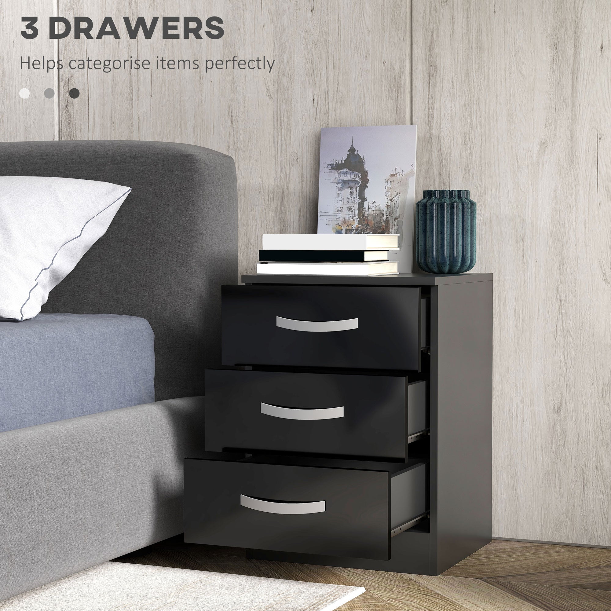 Bedside Table Set of 2, Modern Nightstand with Drawers and High Gloss Fronts, Night Table for Bedroom, Black-Home Furnishings > Bedroom Furniture > Bedside Tables-DECOROLALA