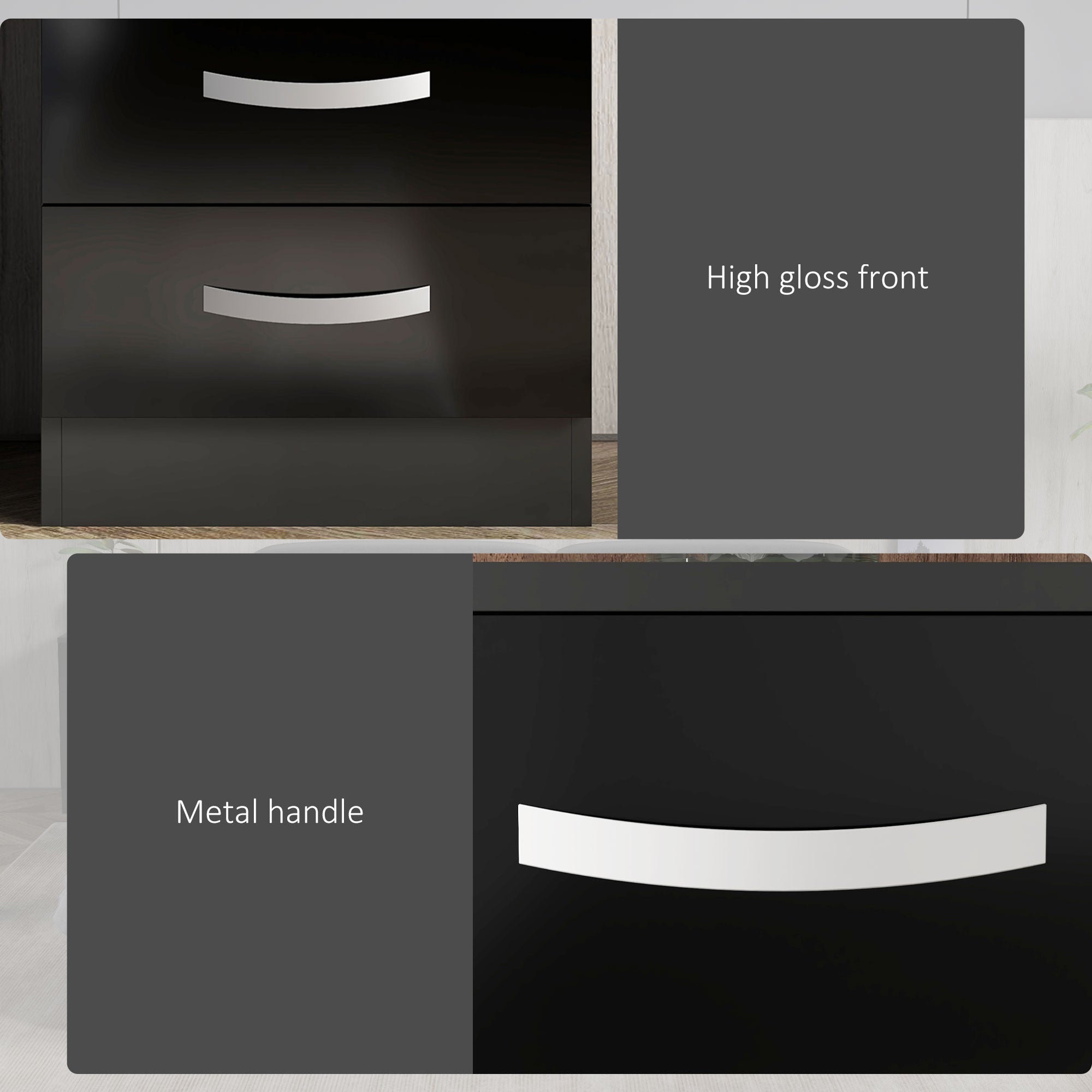 Bedside Table Set of 2, Modern Nightstand with Drawers and High Gloss Fronts, Night Table for Bedroom, Black-Home Furnishings > Bedroom Furniture > Bedside Tables-DECOROLALA