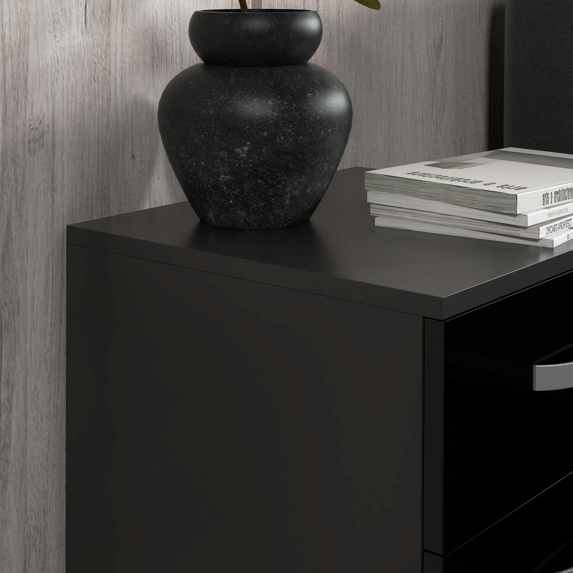 Bedside Table Set of 2, Modern Nightstand with Drawers and High Gloss Fronts, Night Table for Bedroom, Black-Home Furnishings > Bedroom Furniture > Bedside Tables-DECOROLALA