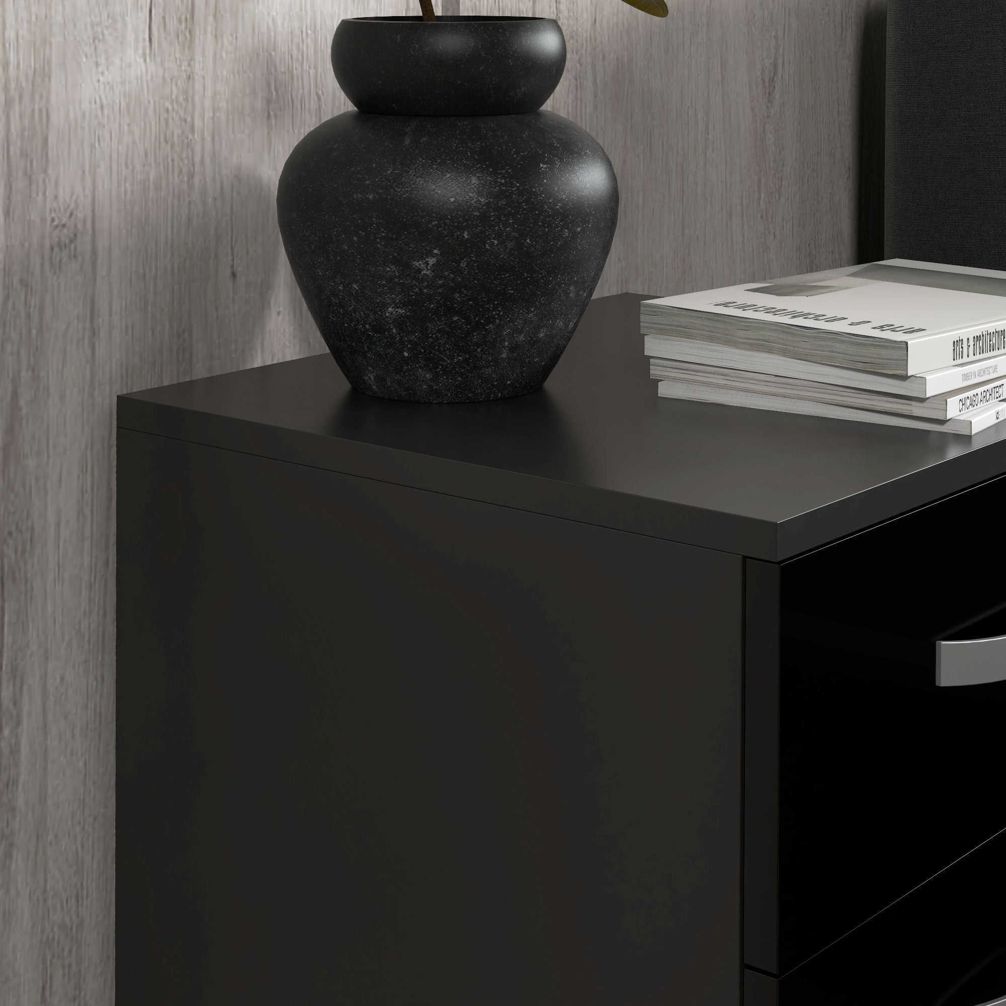 Bedside Table Set of 2, Modern Nightstand with Drawers and High Gloss Fronts, Night Table for Bedroom, Black-Home Furnishings > Bedroom Furniture > Bedside Tables-DECOROLALA