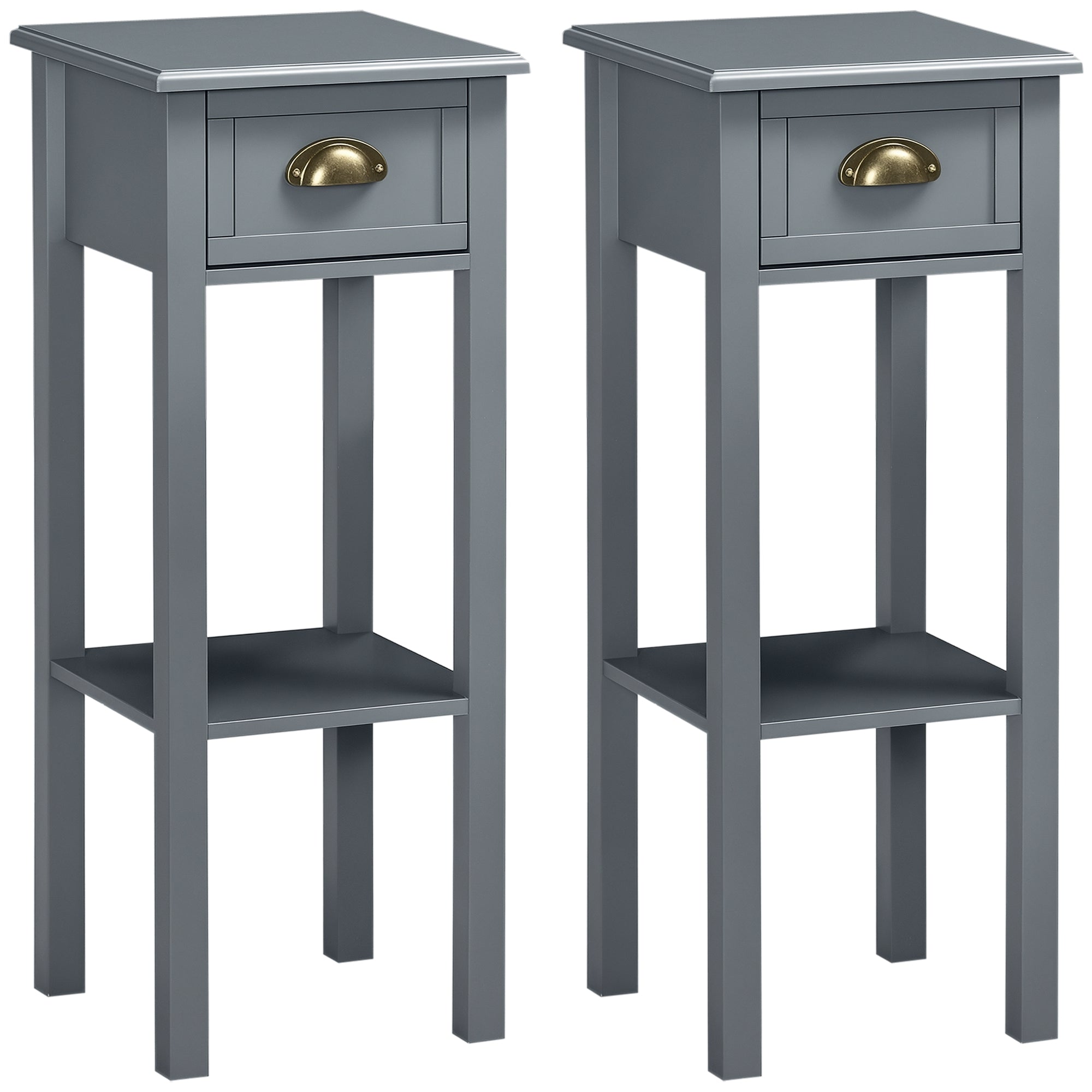 Bedside Table Set of 2 - Narrow Nightstand with Drawer, Grey-Home Furnishings > Living Room Furniture > Side¬†Tables-DECOROLALA