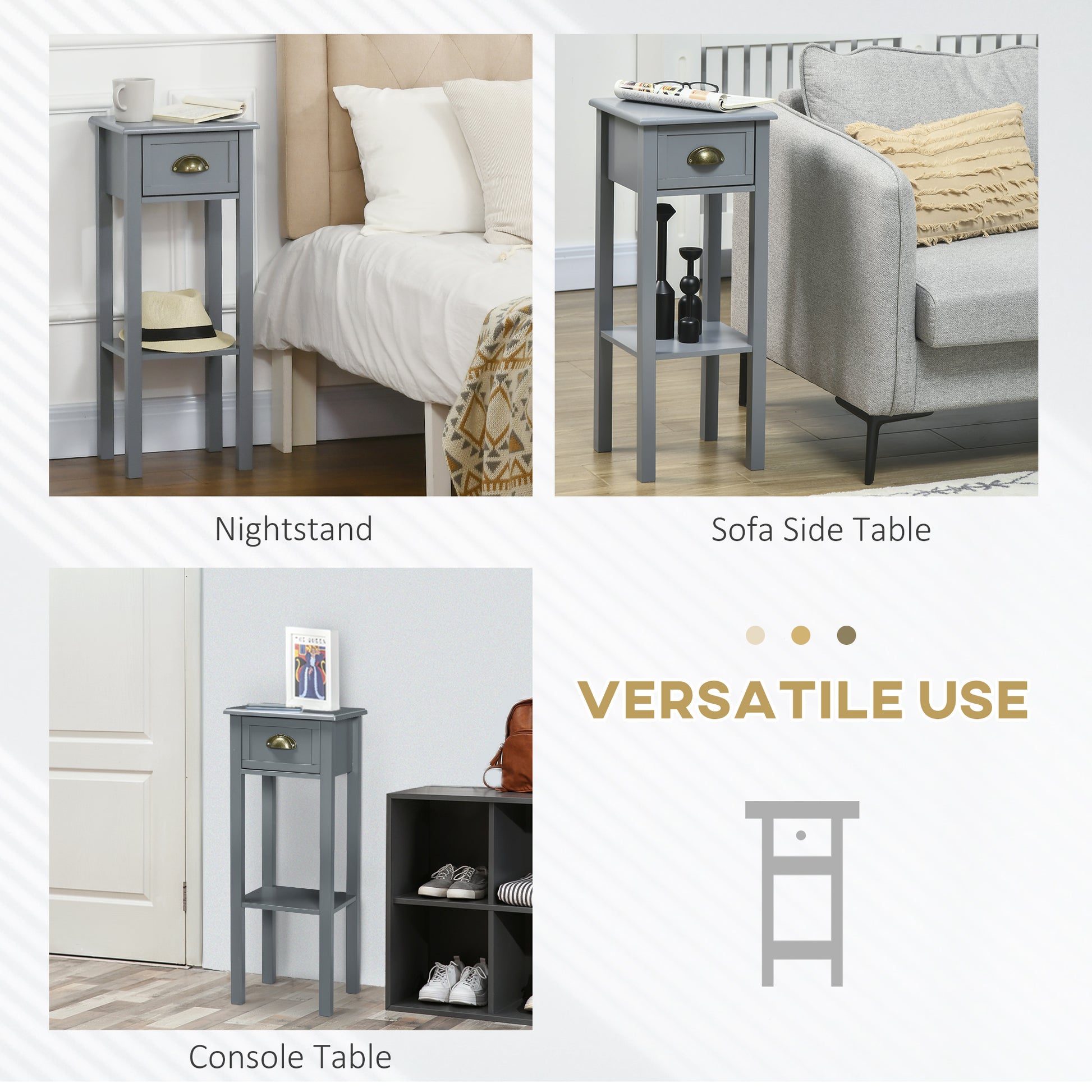Bedside Table Set of 2, Narrow Side Table with Drawer and Shelf, 2 Tier Tall Nightstand for Bedroom, Grey-Home Furnishings > Living Room Furniture > Side¬†Tables-DECOROLALA