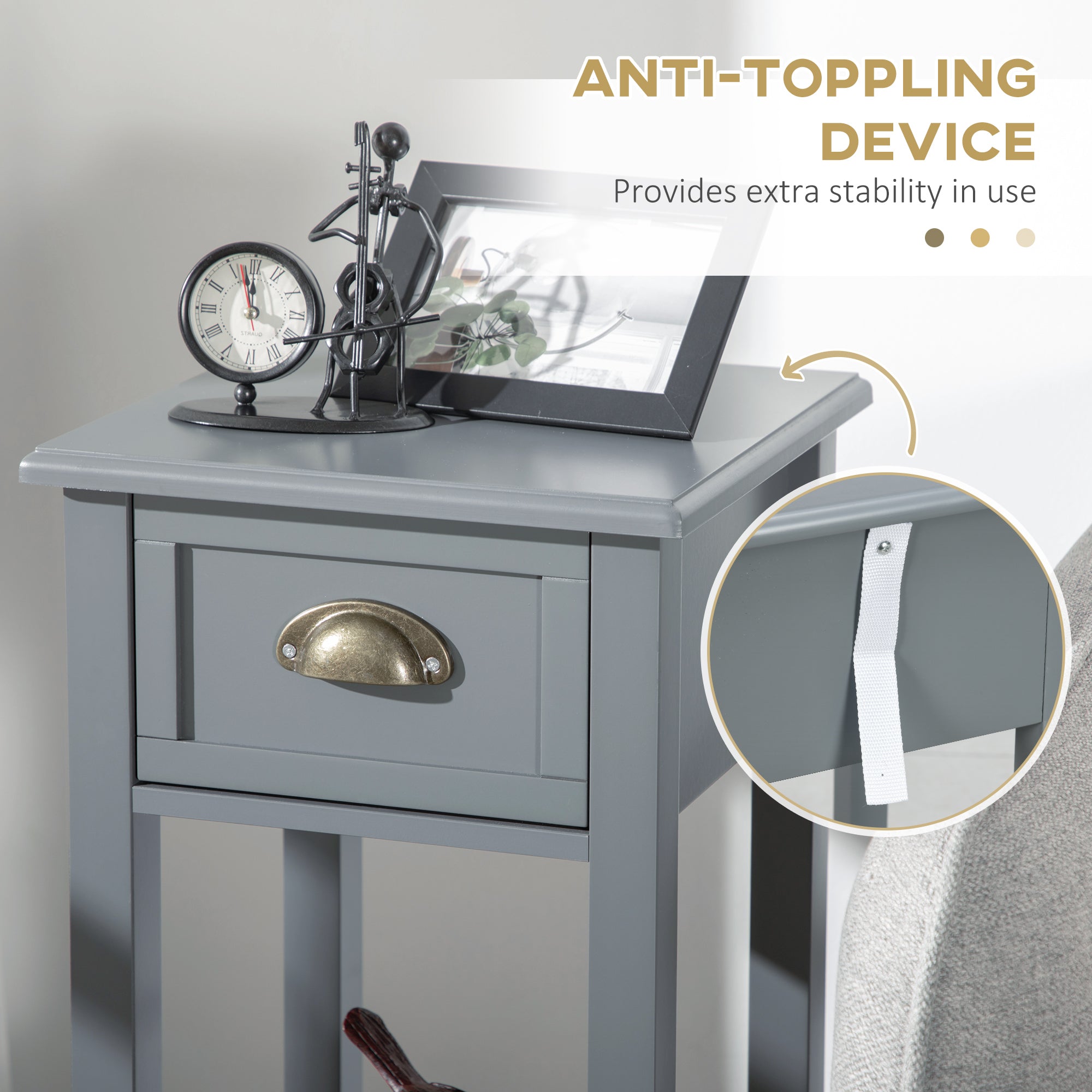 Bedside Table Set of 2, Narrow Side Table with Drawer and Shelf, 2 Tier Tall Nightstand for Bedroom, Grey-Home Furnishings > Living Room Furniture > Side¬†Tables-DECOROLALA