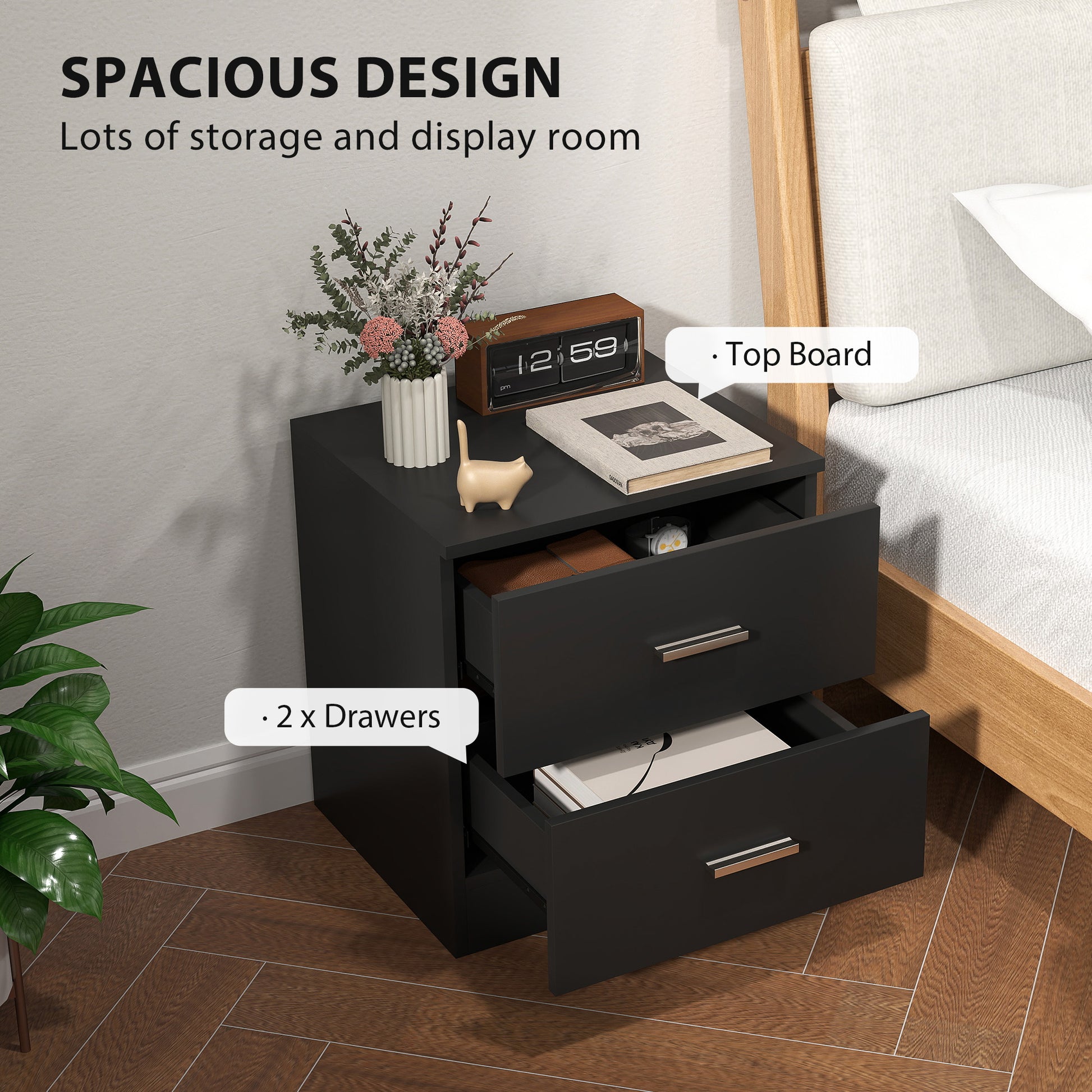Bedside Table with 2 Drawers, Modern Nightstand for Bedroom, Black-Home Furnishings > Bedroom Furniture > Bedside Tables-DECOROLALA