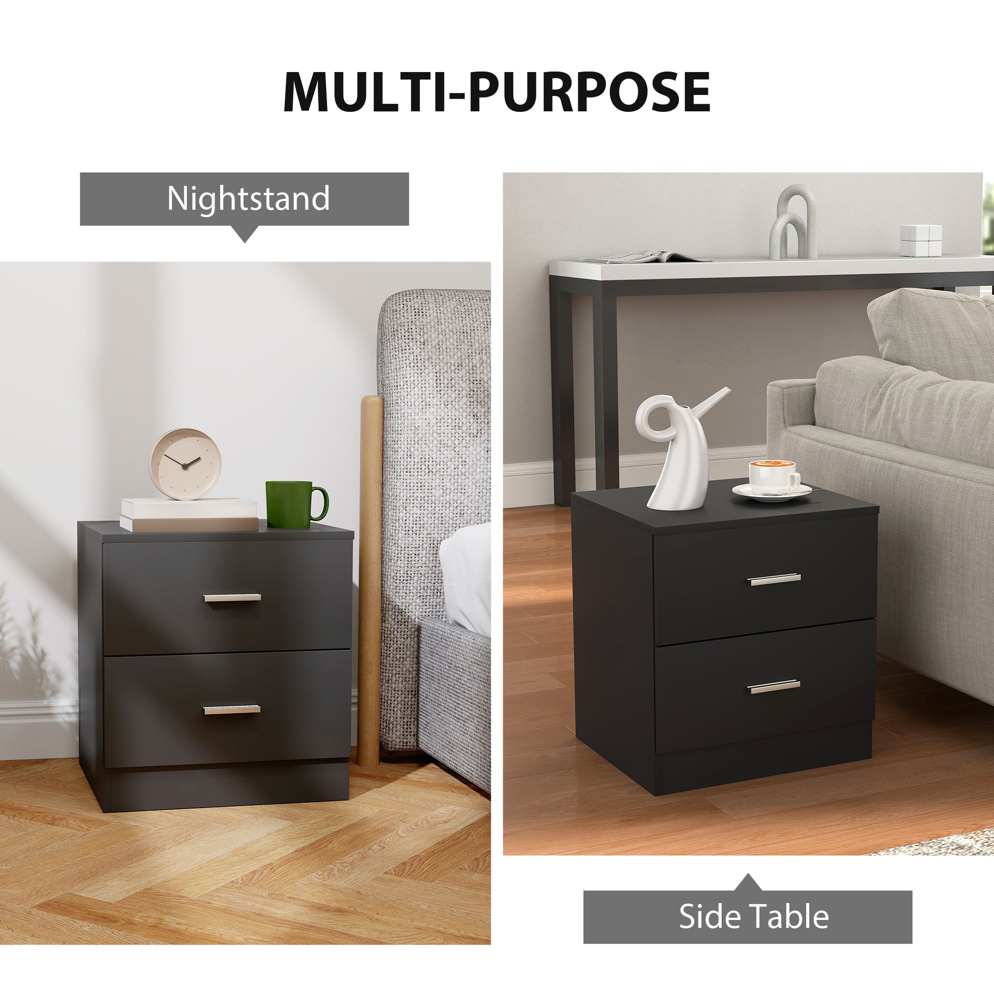 Bedside Table with 2 Drawers, Modern Nightstand for Bedroom, Black-Home Furnishings > Bedroom Furniture > Bedside Tables-DECOROLALA