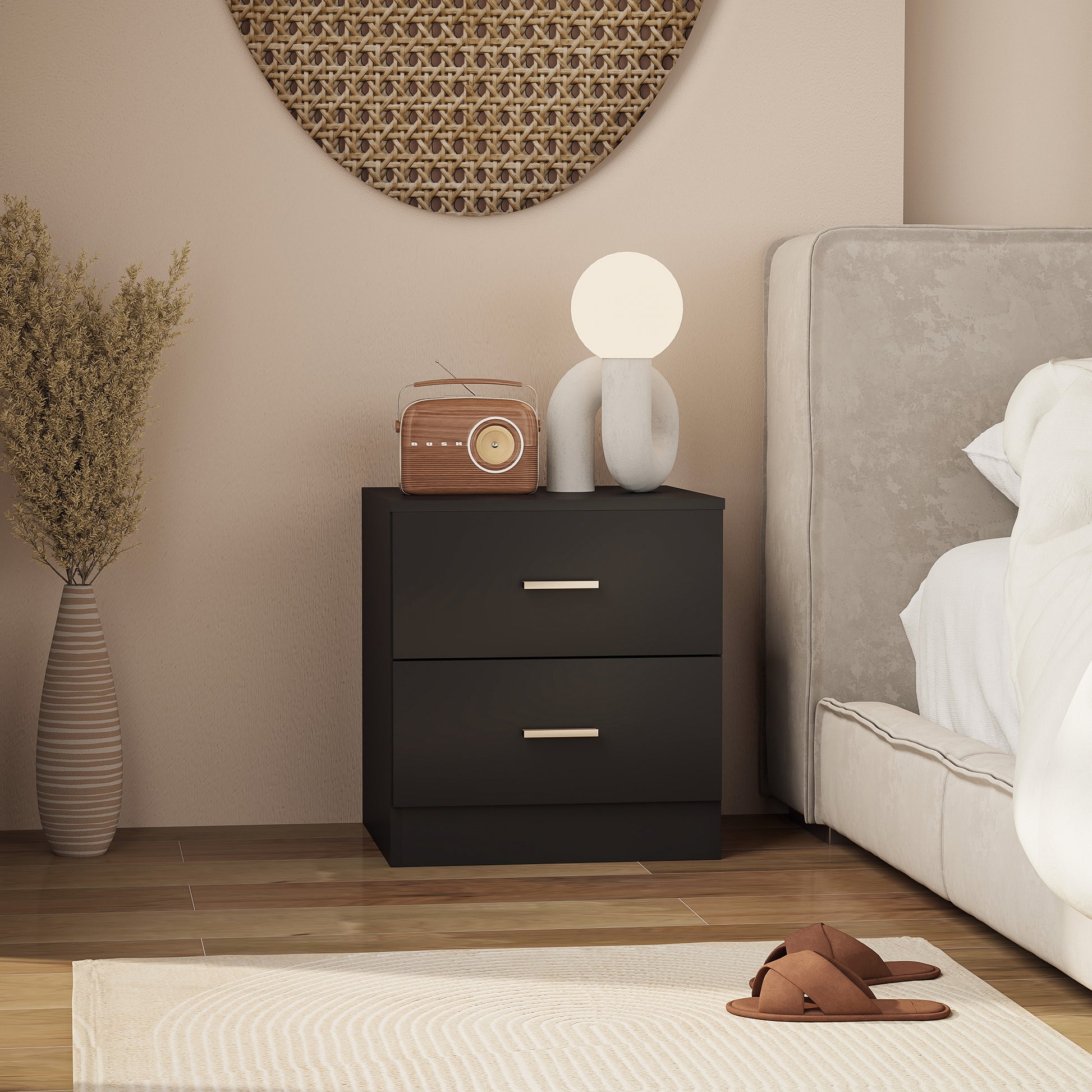 Bedside Table with 2 Drawers, Modern Nightstand for Bedroom, Black-Home Furnishings > Bedroom Furniture > Bedside Tables-DECOROLALA