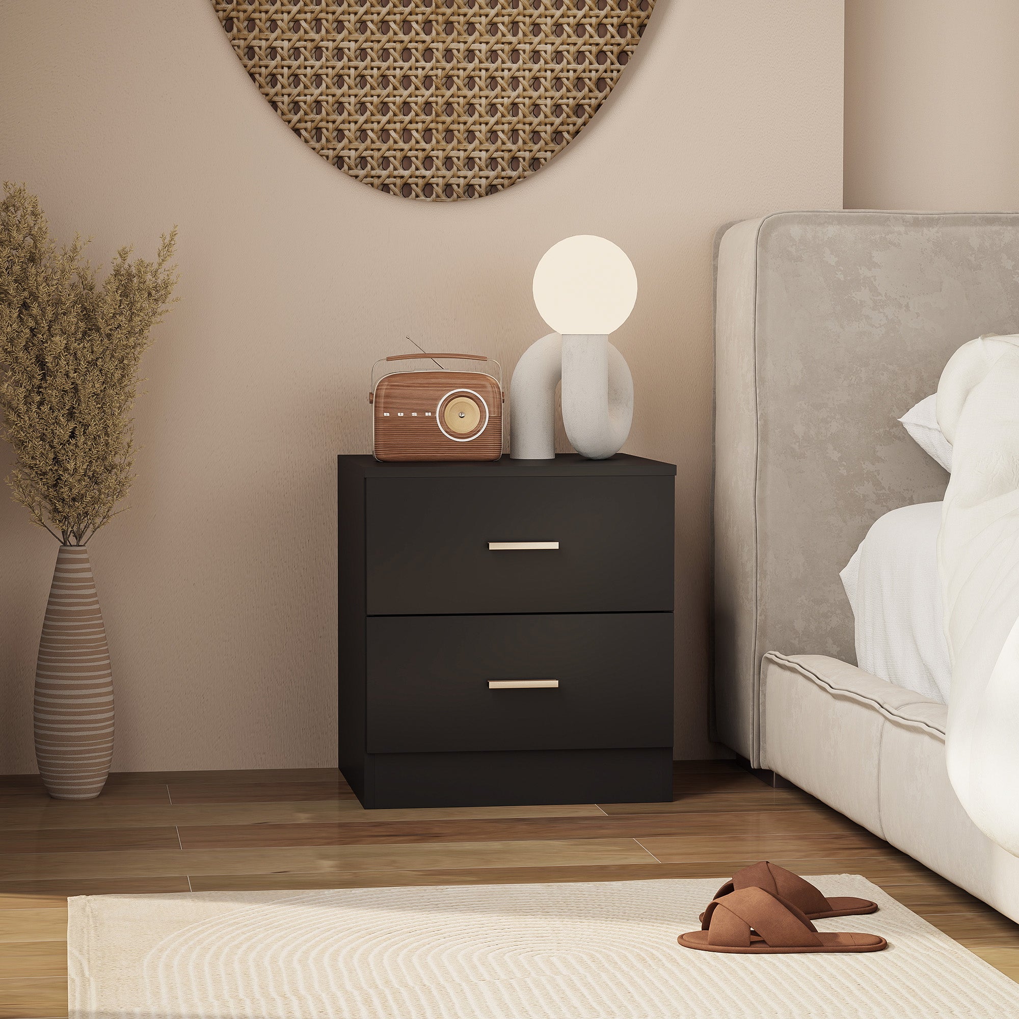 Bedside Table with 2 Drawers, Modern Nightstand for Bedroom, Black-Home Furnishings > Bedroom Furniture > Bedside Tables-DECOROLALA