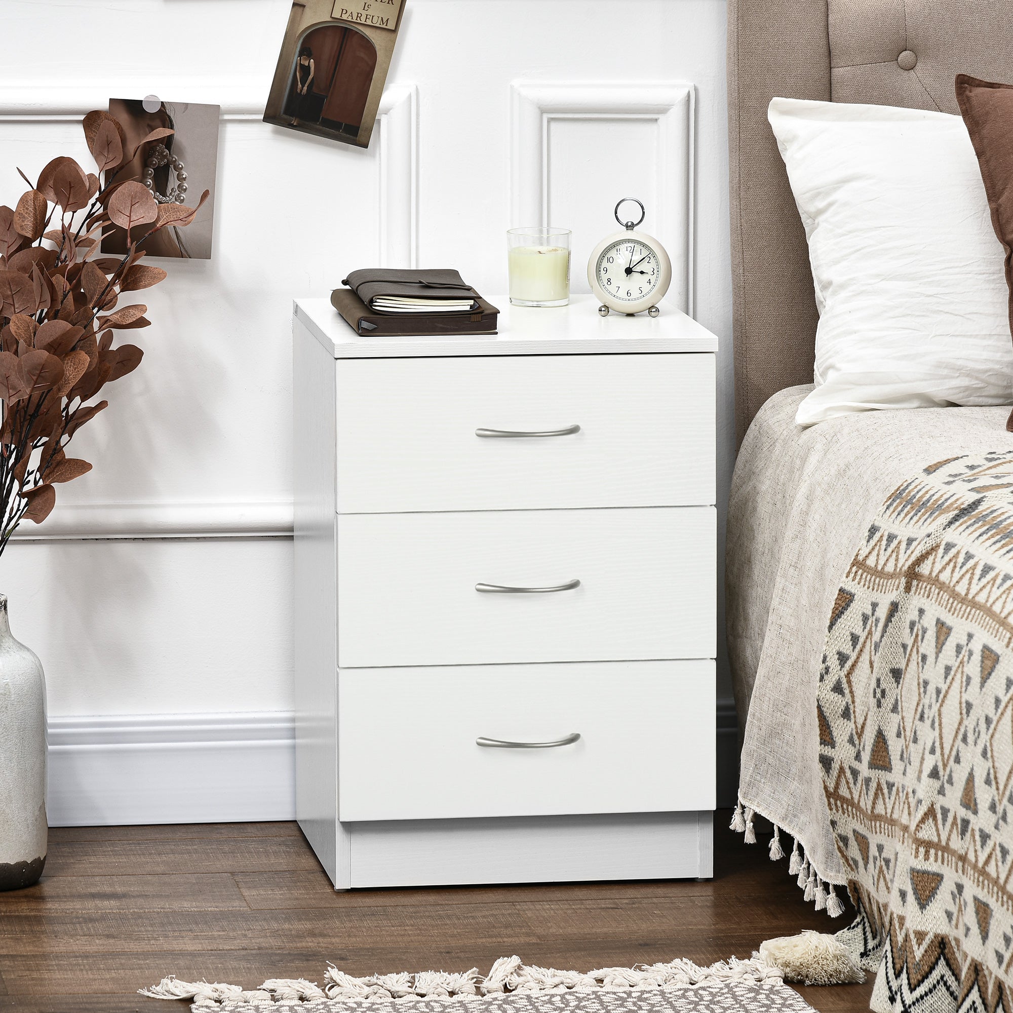 Bedside Table with 3 Drawers, Modern Wood Nightstand, Side Table with Anti-tipping Design for Bedroom, Set of 2, White-Home Furnishings > Bedroom Furniture > Bedside Tables-DECOROLALA