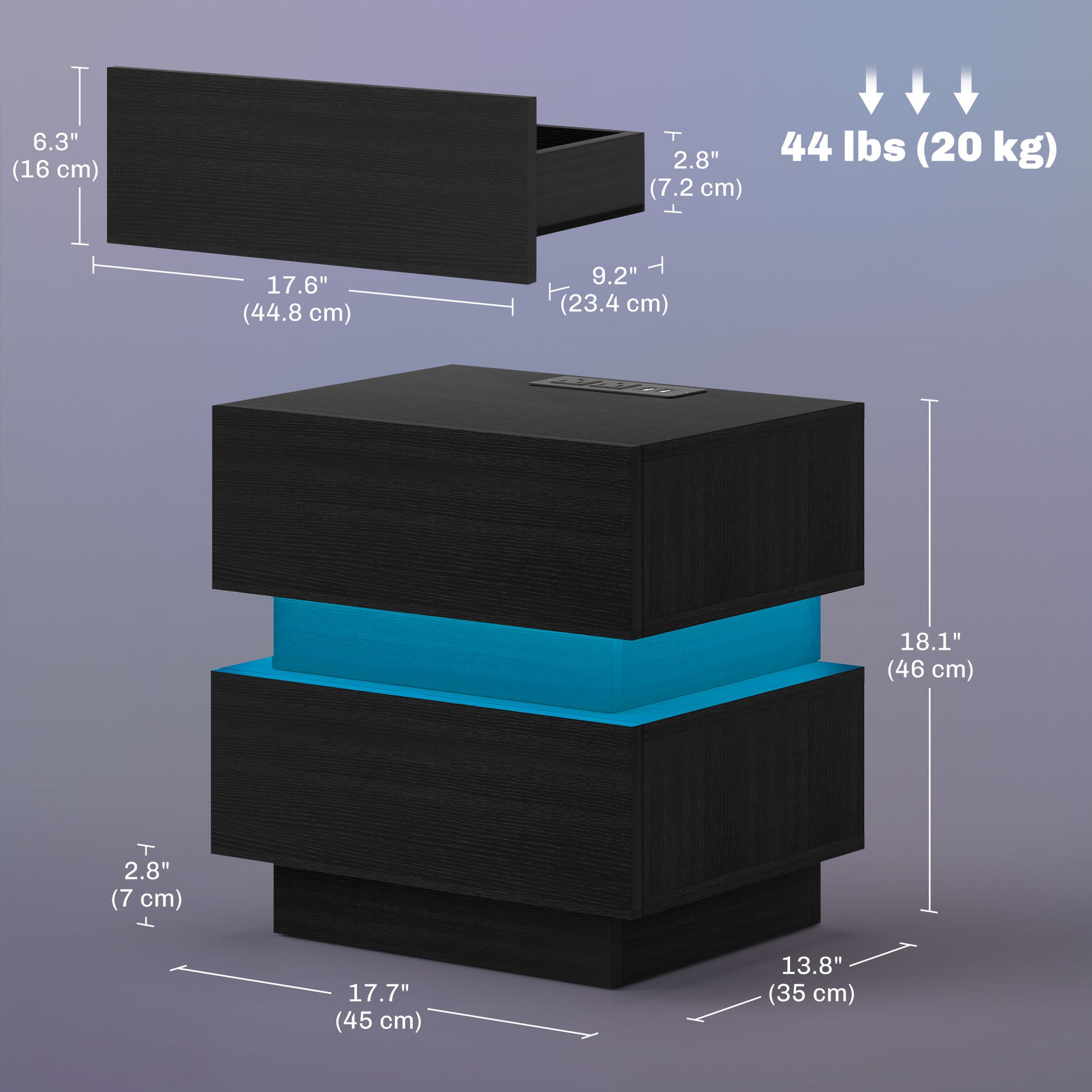 Bedside Table with Charging Station and LED Light Modern Nightstand with USB Ports AC Outlets Drawers Remote, Black-Home Furnishings > Bedroom Furniture > Bedside Tables-DECOROLALA
