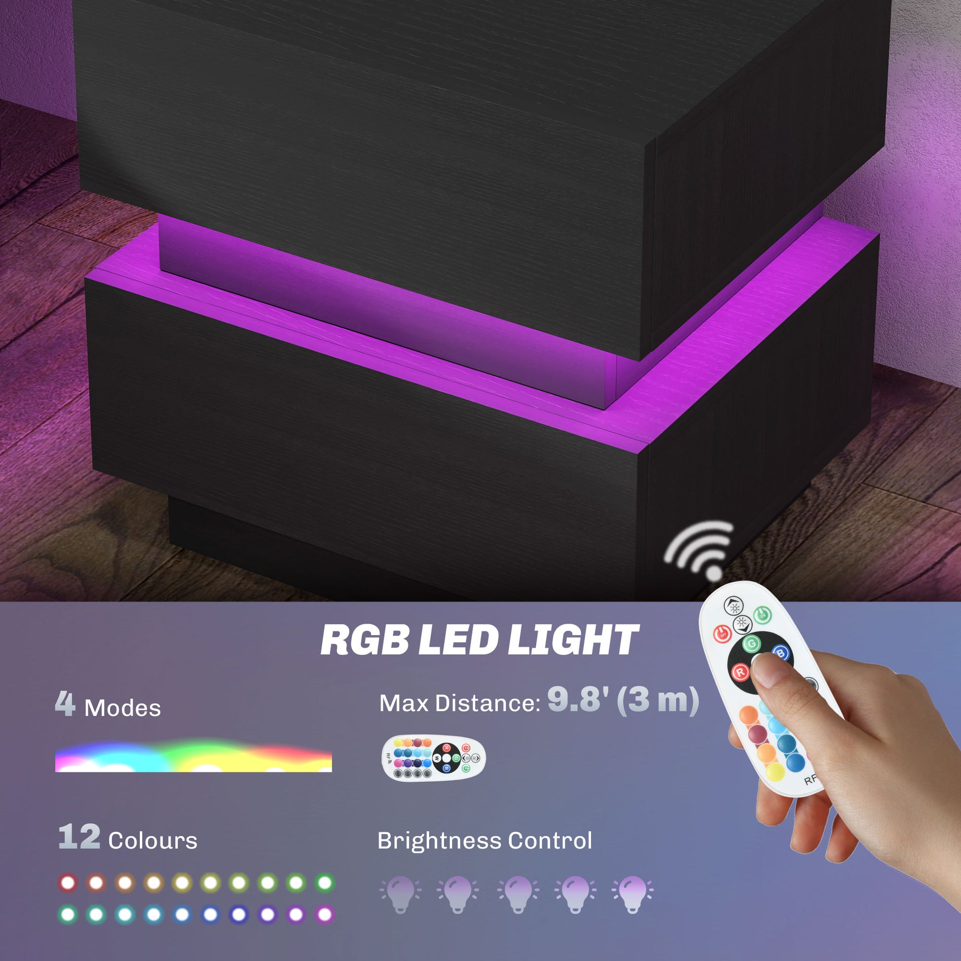 Bedside Table with Charging Station and LED Light Modern Nightstand with USB Ports AC Outlets Drawers Remote, Black-Home Furnishings > Bedroom Furniture > Bedside Tables-DECOROLALA