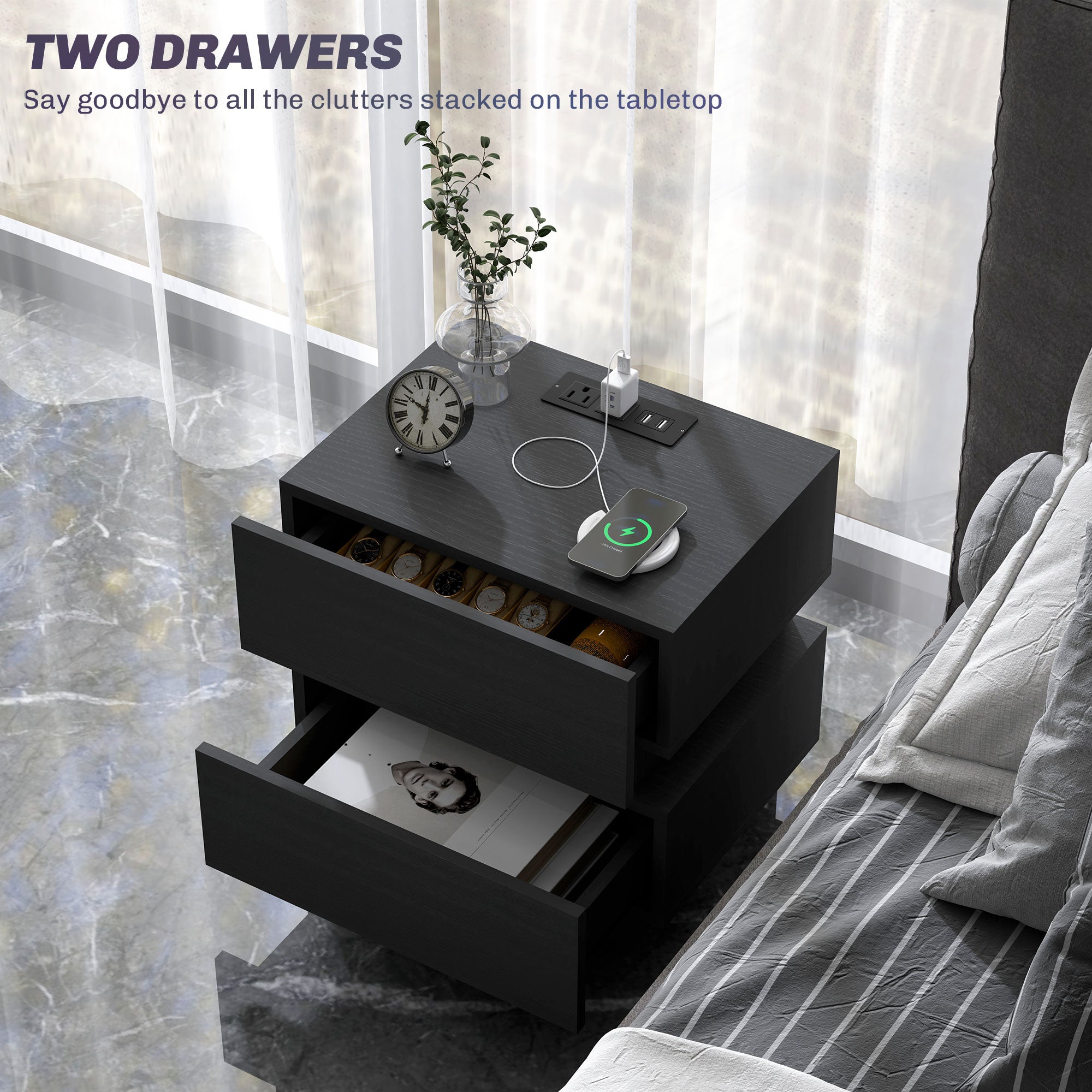 Bedside Table with Charging Station and LED Light Modern Nightstand with USB Ports AC Outlets Drawers Remote, Black-Home Furnishings > Bedroom Furniture > Bedside Tables-DECOROLALA