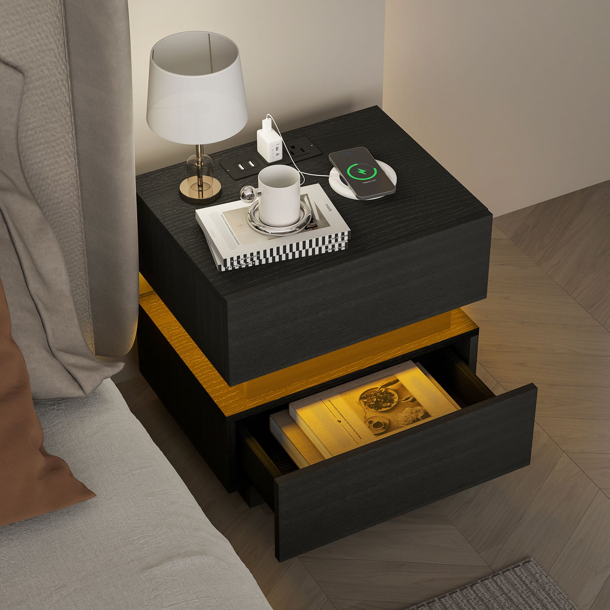 Bedside Table with Charging Station and LED Light Modern Nightstand with USB Ports AC Outlets Drawers Remote, Black-Home Furnishings > Bedroom Furniture > Bedside Tables-DECOROLALA