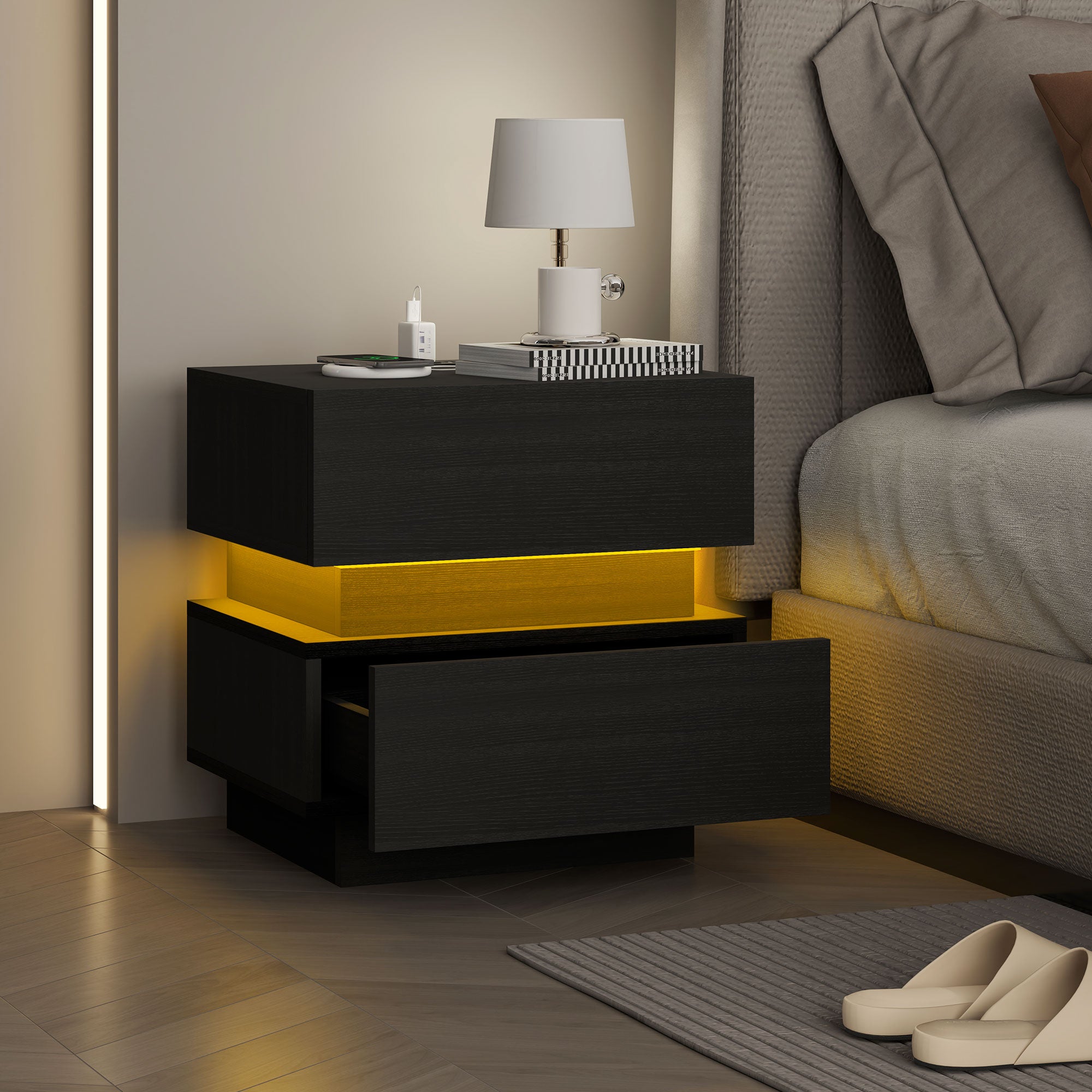 Bedside Table with Charging Station and LED Light Modern Nightstand with USB Ports AC Outlets Drawers Remote, Black-Home Furnishings > Bedroom Furniture > Bedside Tables-DECOROLALA