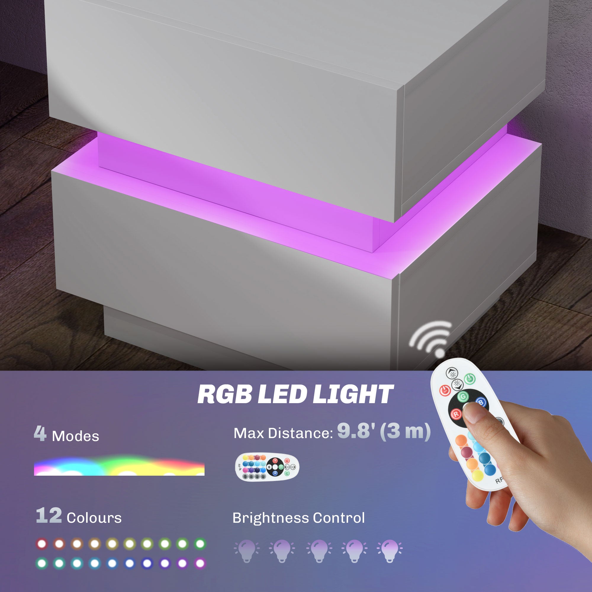 Bedside Table with Charging Station and LED Light Modern Nightstand with USB Ports AC Outlets Drawers Remote, White-Home Furnishings > Bedroom Furniture > Bedside Tables-DECOROLALA