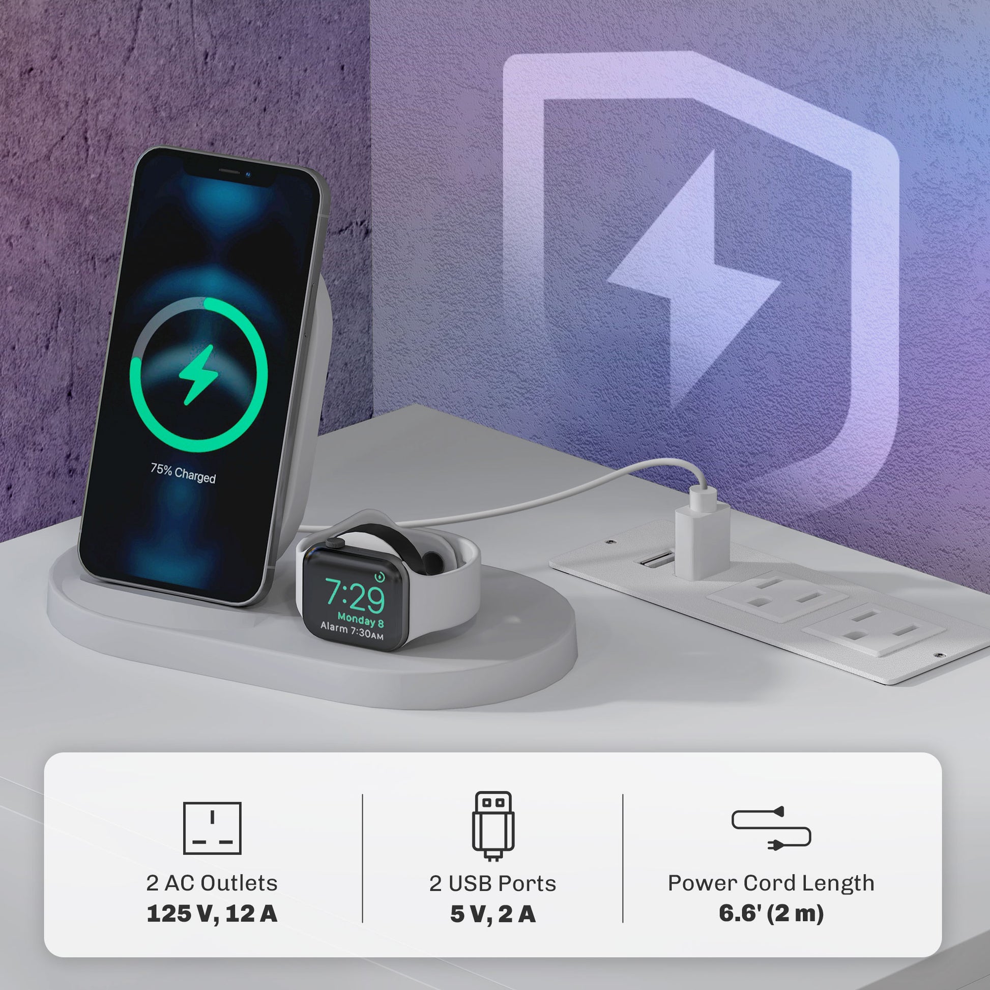 Bedside Table with Charging Station and LED Light Modern Nightstand with USB Ports AC Outlets Drawers Remote, White-Home Furnishings > Bedroom Furniture > Bedside Tables-DECOROLALA
